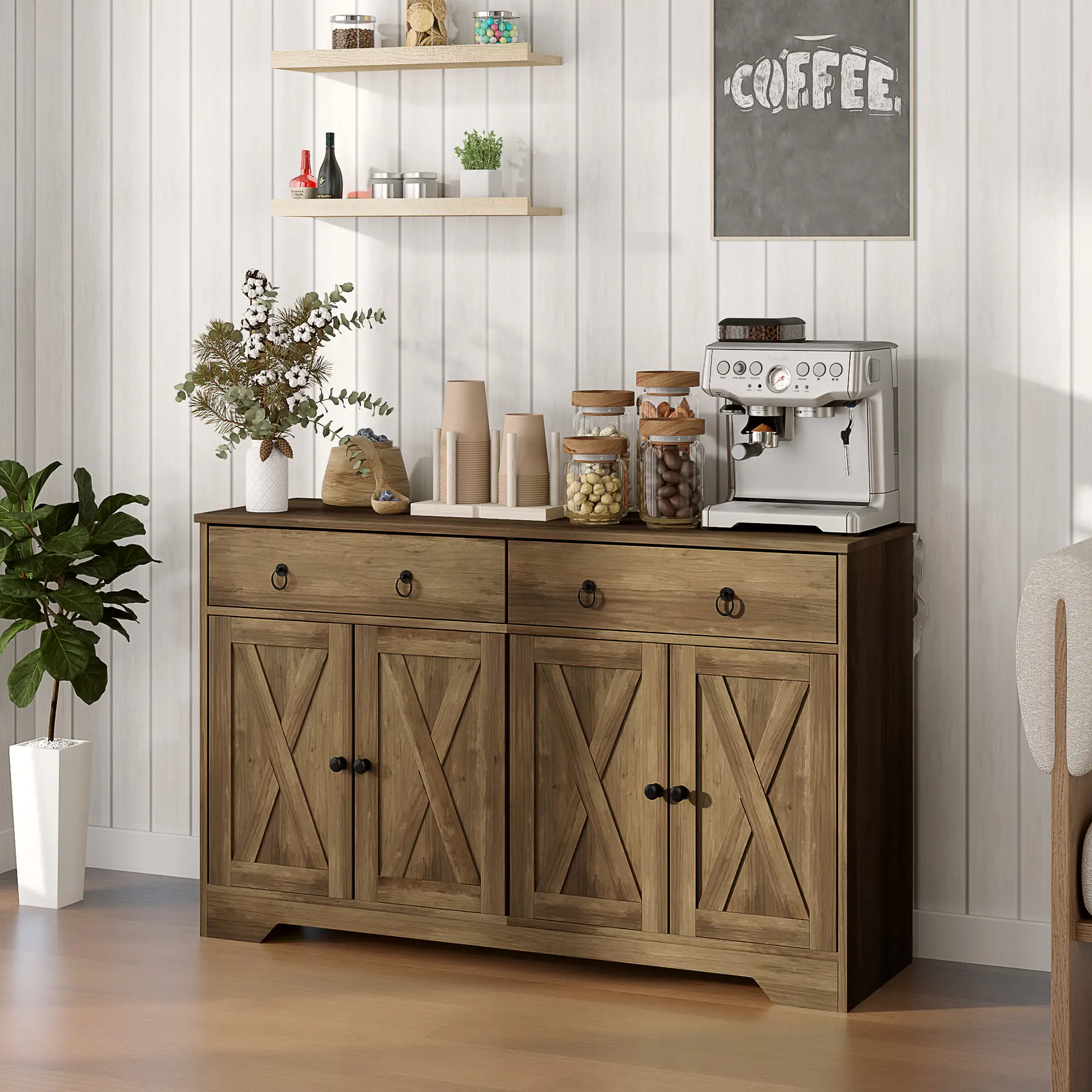 Sideboard Cabinet, 2 Drawers, 4 Barn Doors, 2 Adjustable Shelves, Light Brown - Image 2