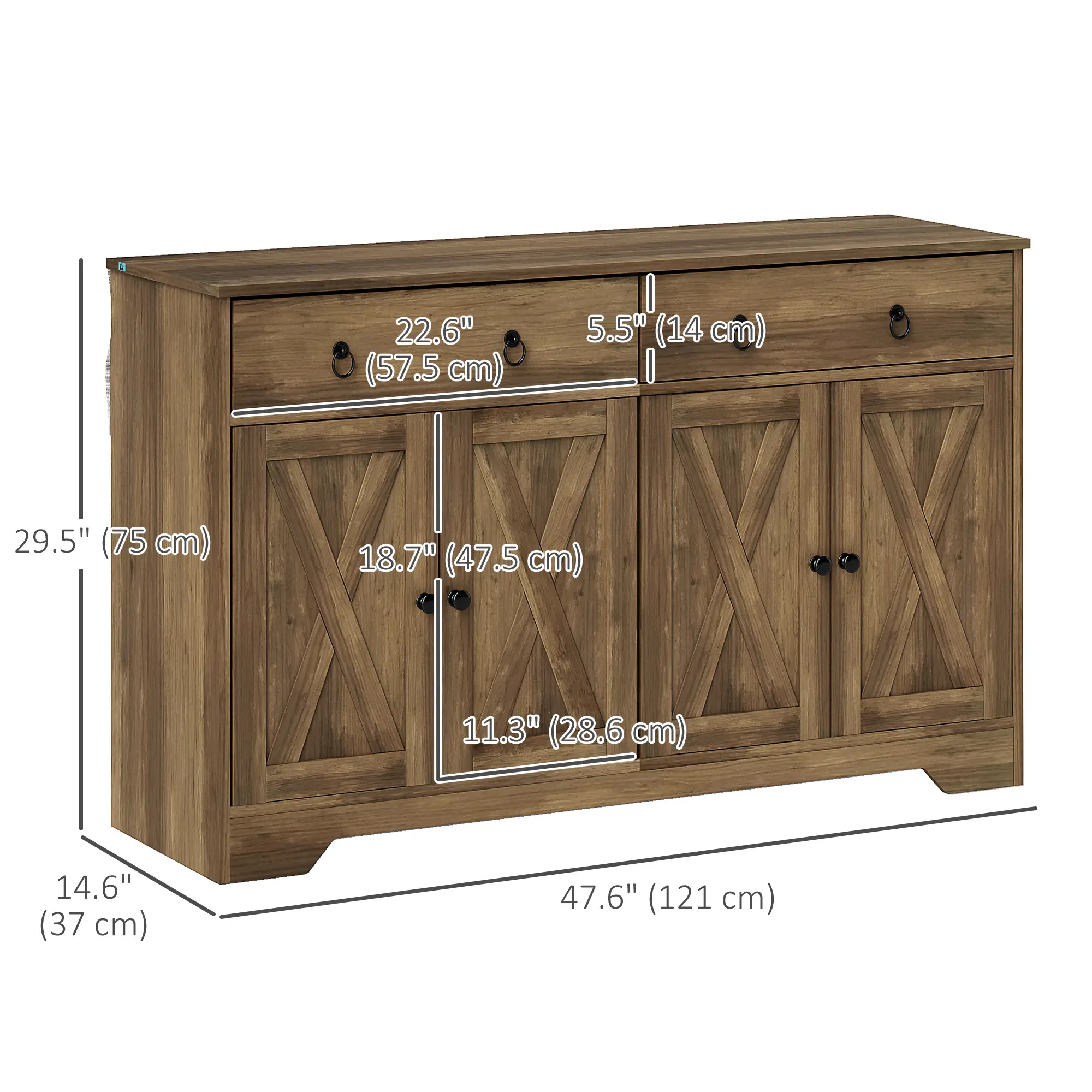 Sideboard Cabinet, 2 Drawers, 4 Barn Doors, 2 Adjustable Shelves, Light Brown - Image 3