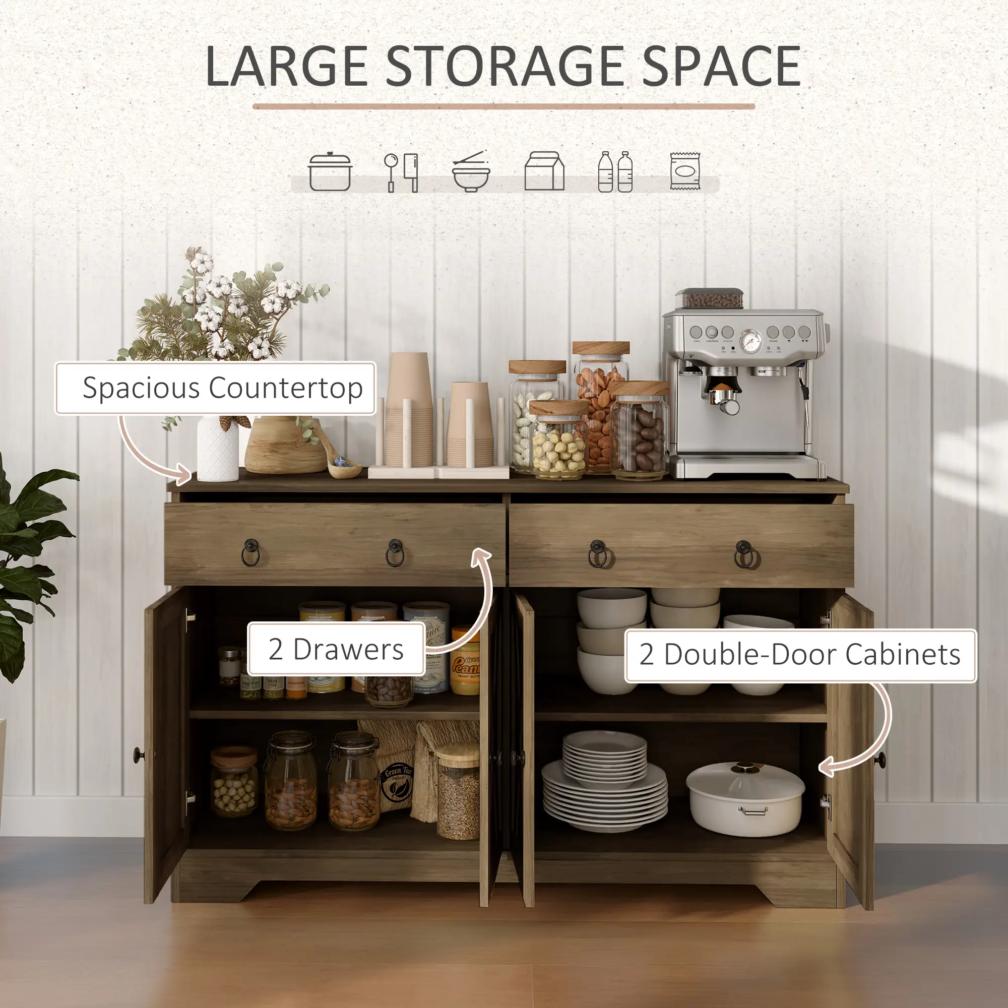 Sideboard Cabinet, 2 Drawers, 4 Barn Doors, 2 Adjustable Shelves, Light Brown - Image 4