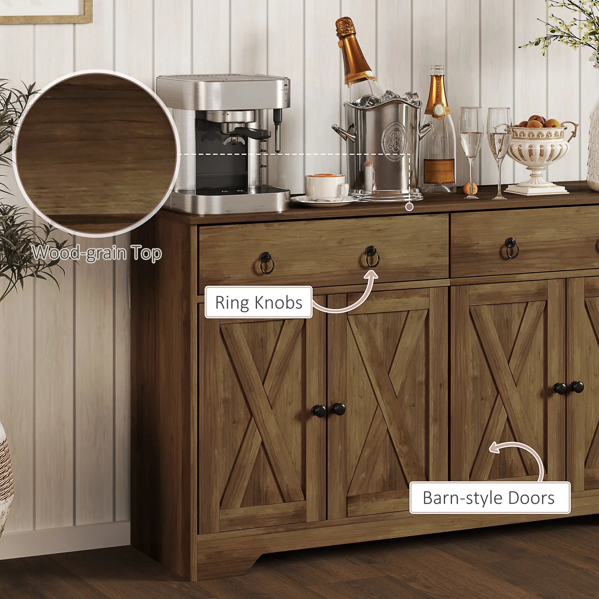 Sideboard Cabinet, 2 Drawers, 4 Barn Doors, 2 Adjustable Shelves, Light Brown - Image 6