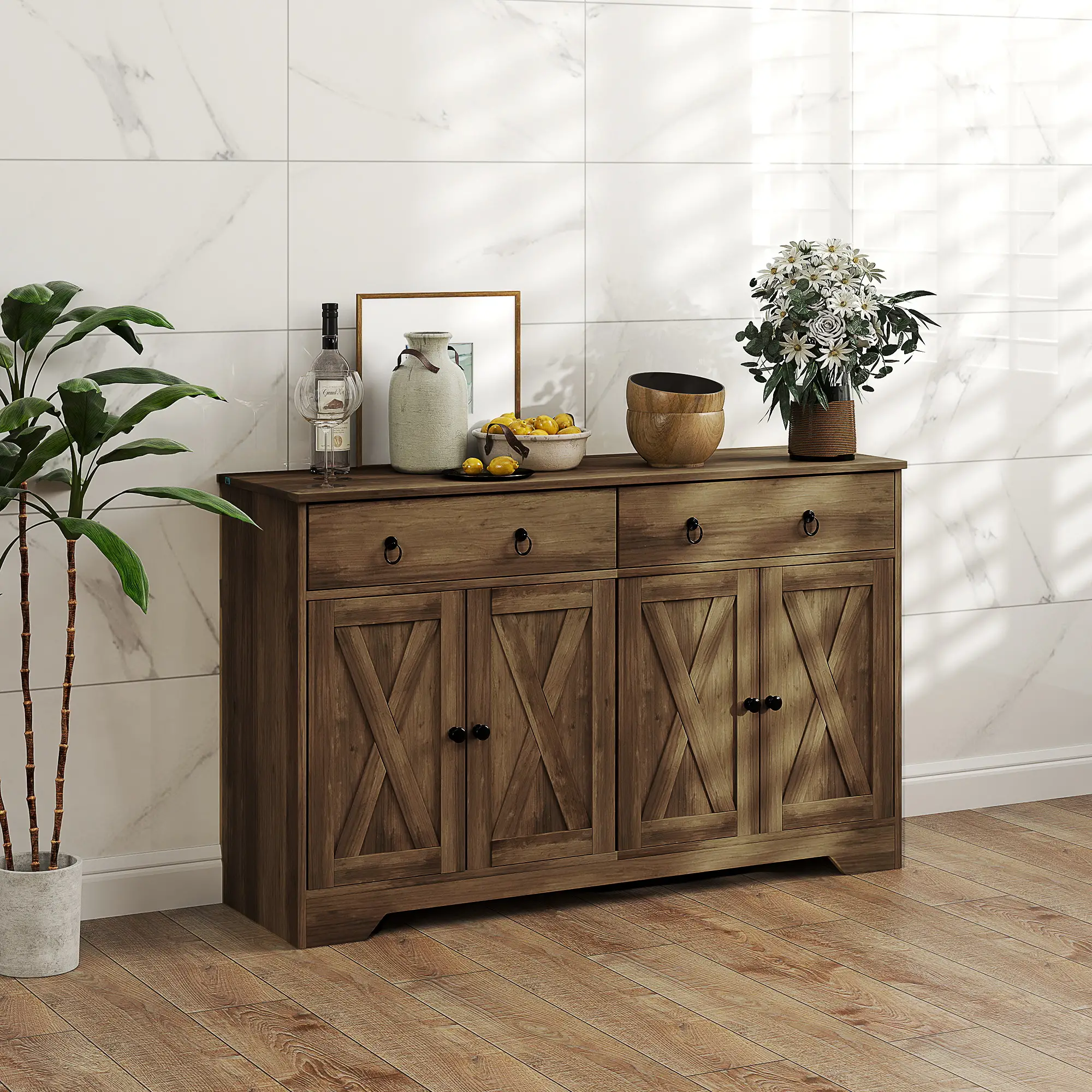 Sideboard Cabinet, 2 Drawers, 4 Barn Doors, 2 Adjustable Shelves, Light Brown - Image 8