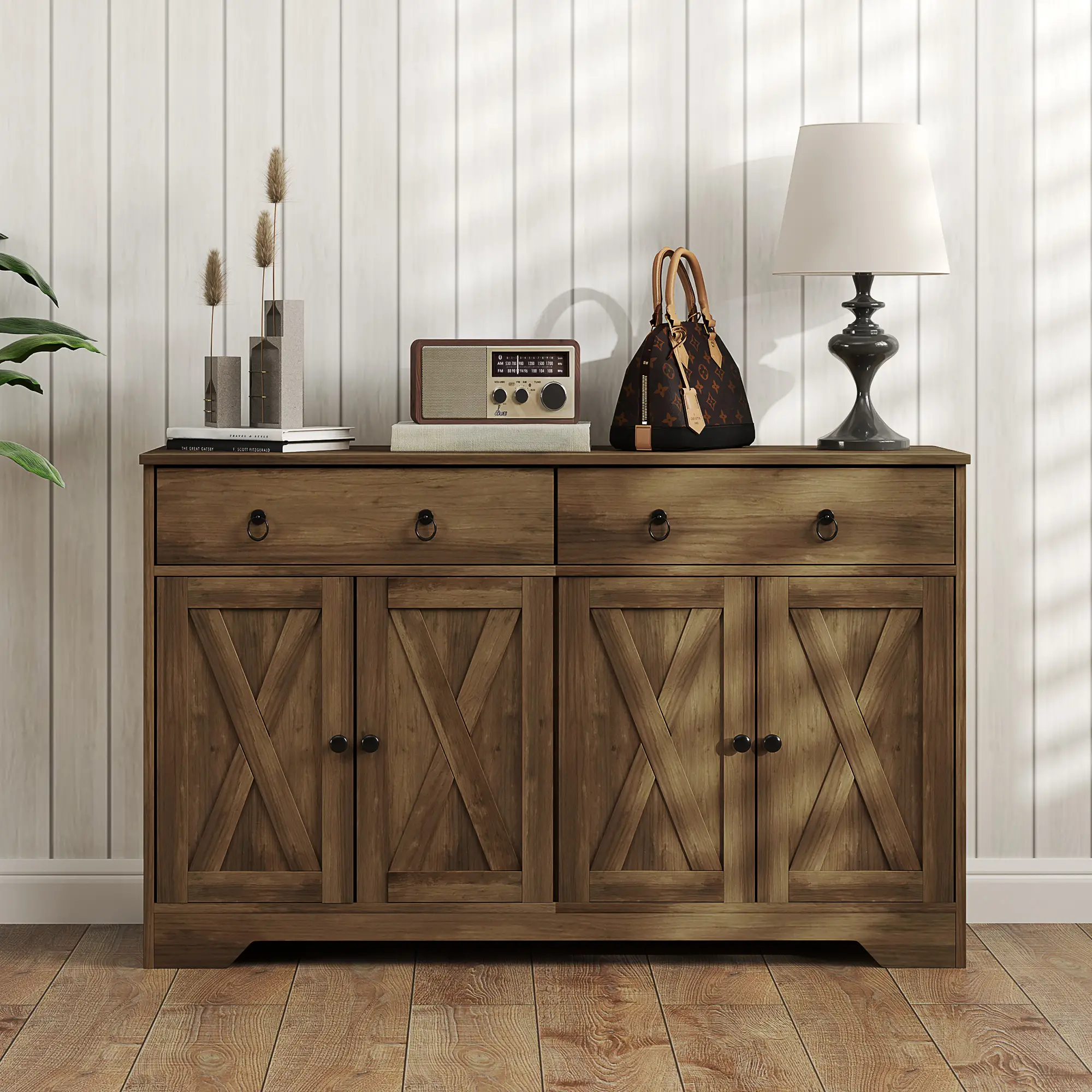 Sideboard Cabinet, 2 Drawers, 4 Barn Doors, 2 Adjustable Shelves, Light Brown - Image 9