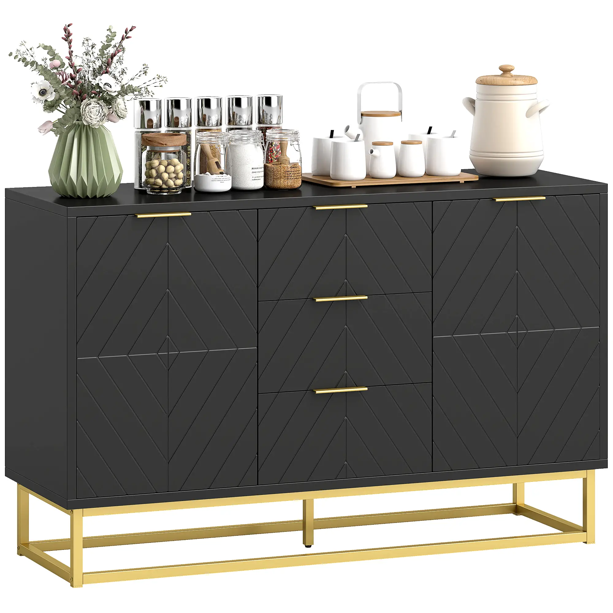 Sideboard Storage Cabinet, 3 Drawers, Adjustable Shelves, Black