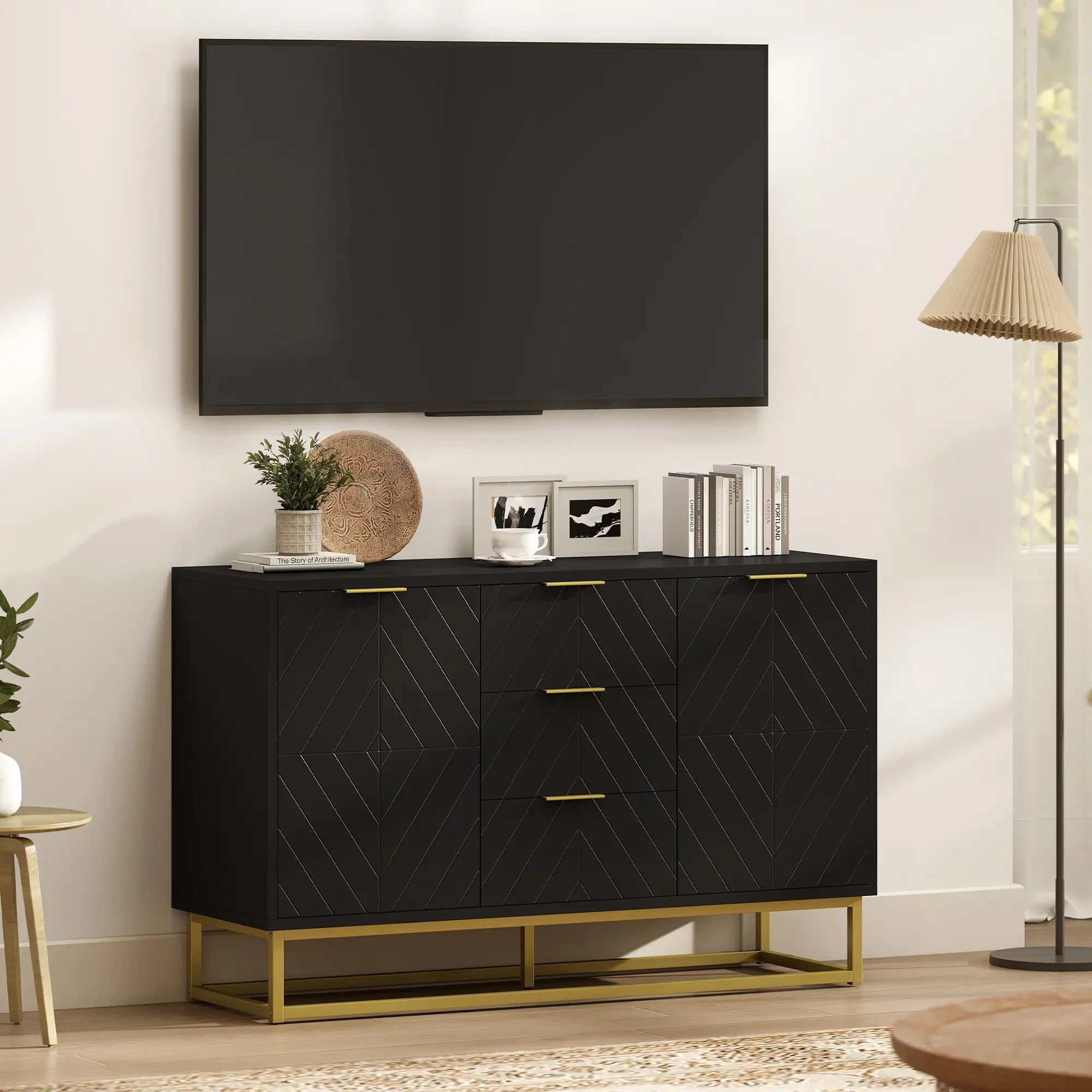 Sideboard Storage Cabinet, 3 Drawers, Adjustable Shelves, Black - Image 10