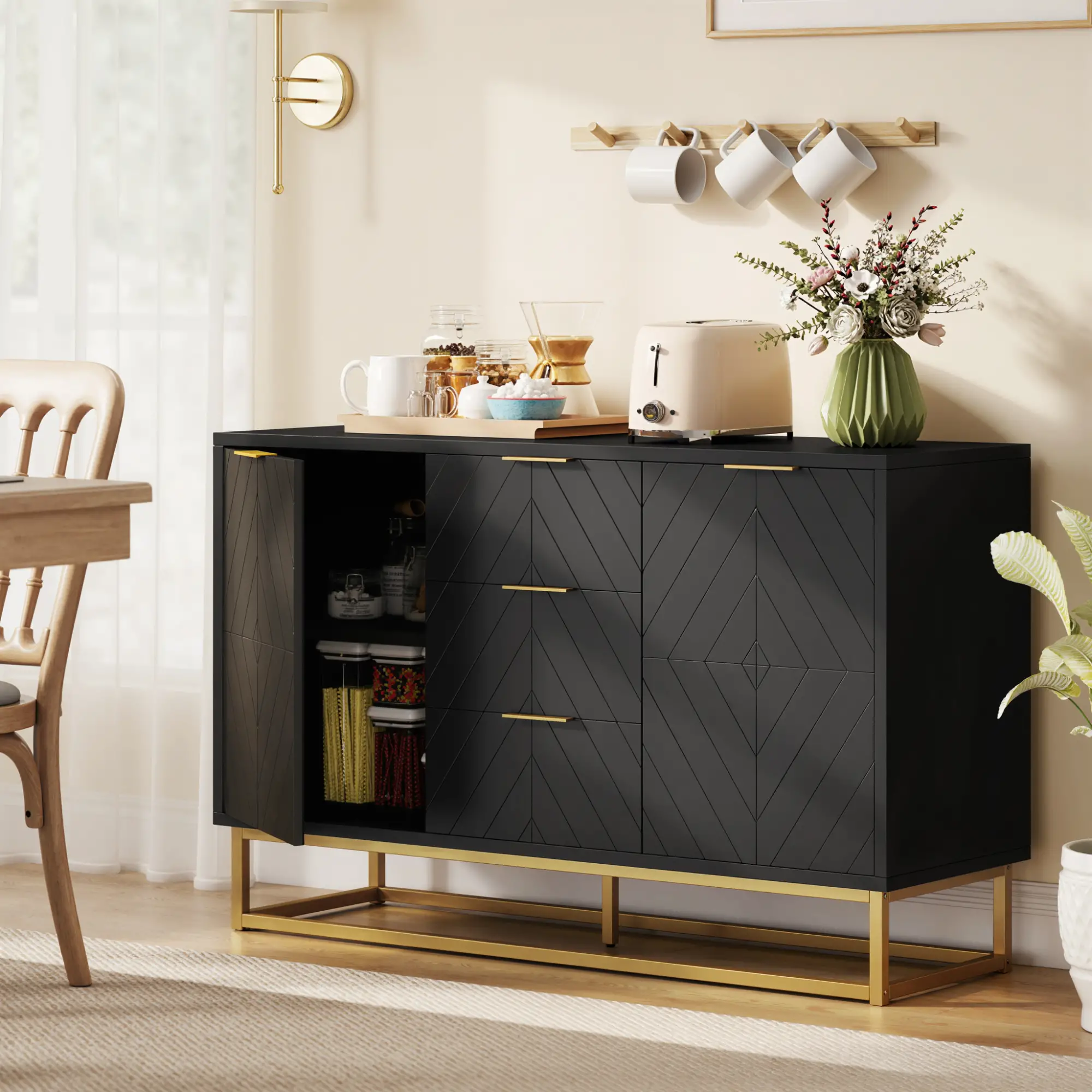 Sideboard Storage Cabinet, 3 Drawers, Adjustable Shelves, Black - Image 2