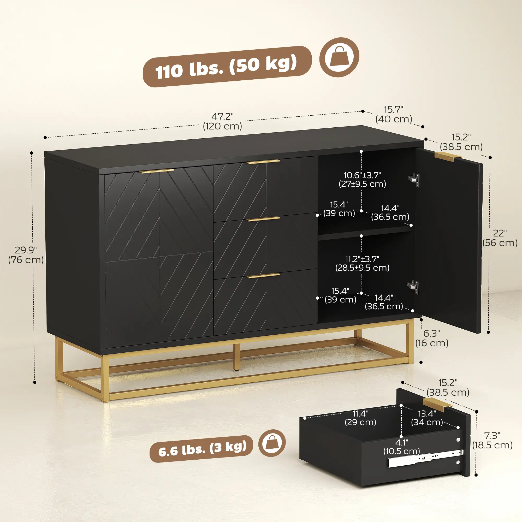 Sideboard Storage Cabinet, 3 Drawers, Adjustable Shelves, Black - Image 3