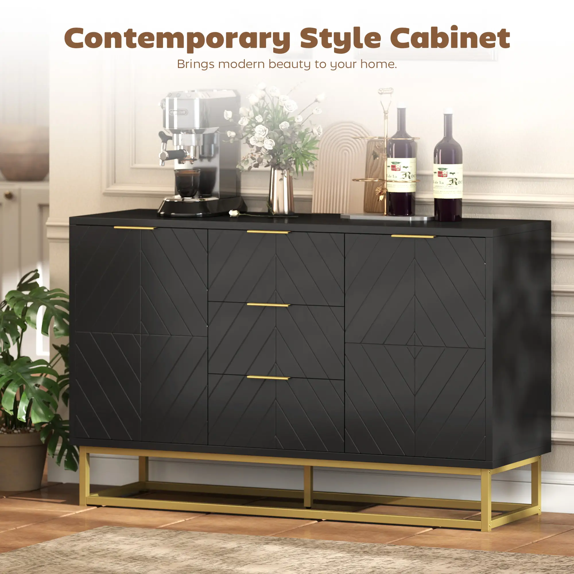 Sideboard Storage Cabinet, 3 Drawers, Adjustable Shelves, Black - Image 4