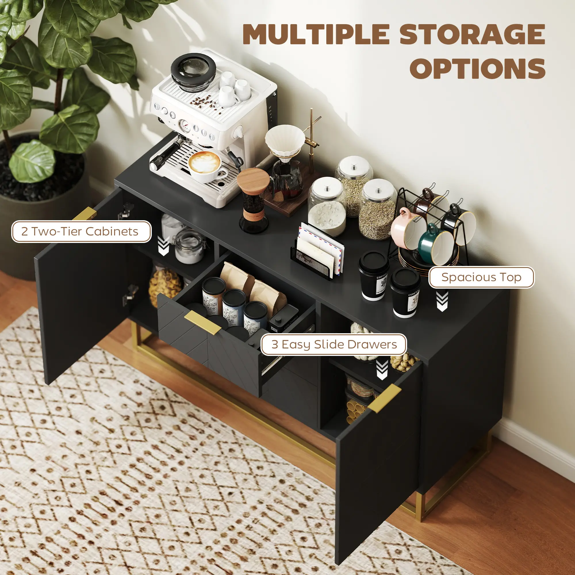 Sideboard Storage Cabinet, 3 Drawers, Adjustable Shelves, Black - Image 5