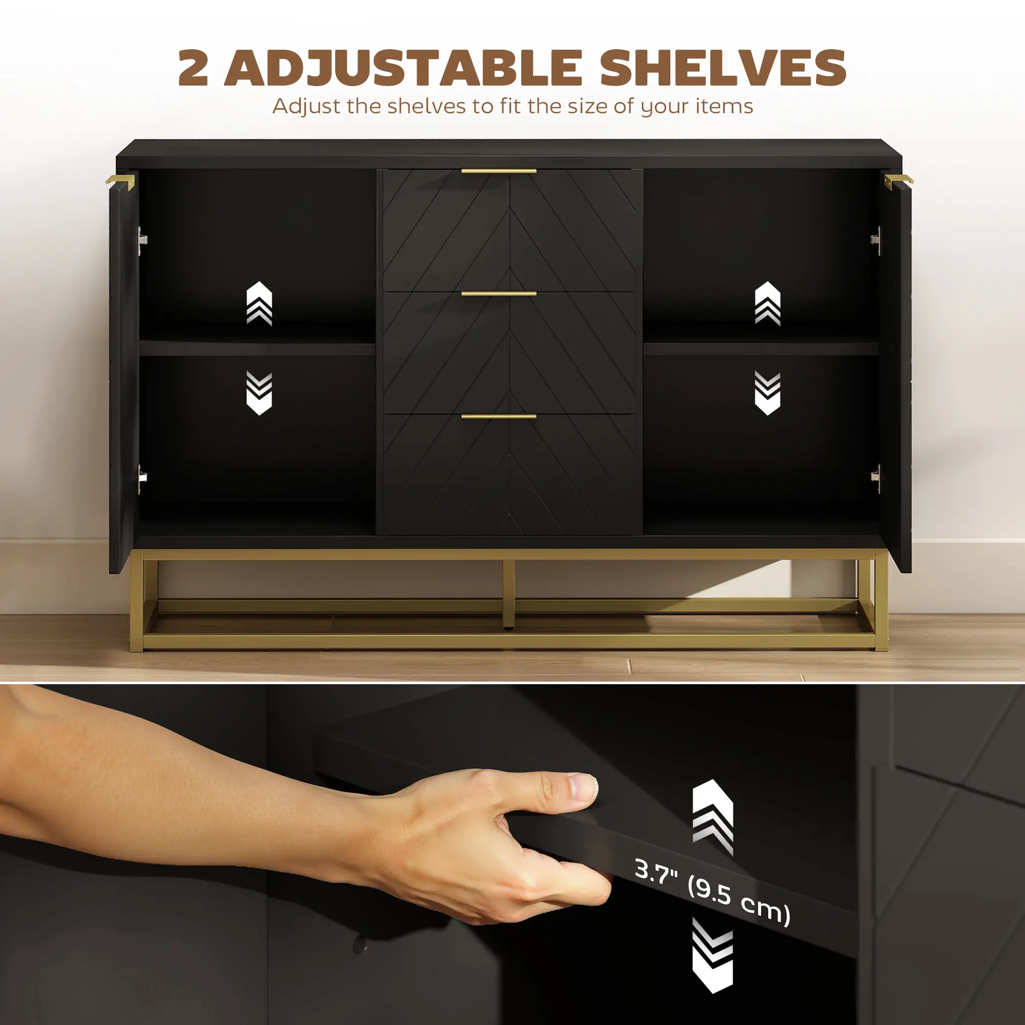 Sideboard Storage Cabinet, 3 Drawers, Adjustable Shelves, Black - Image 6