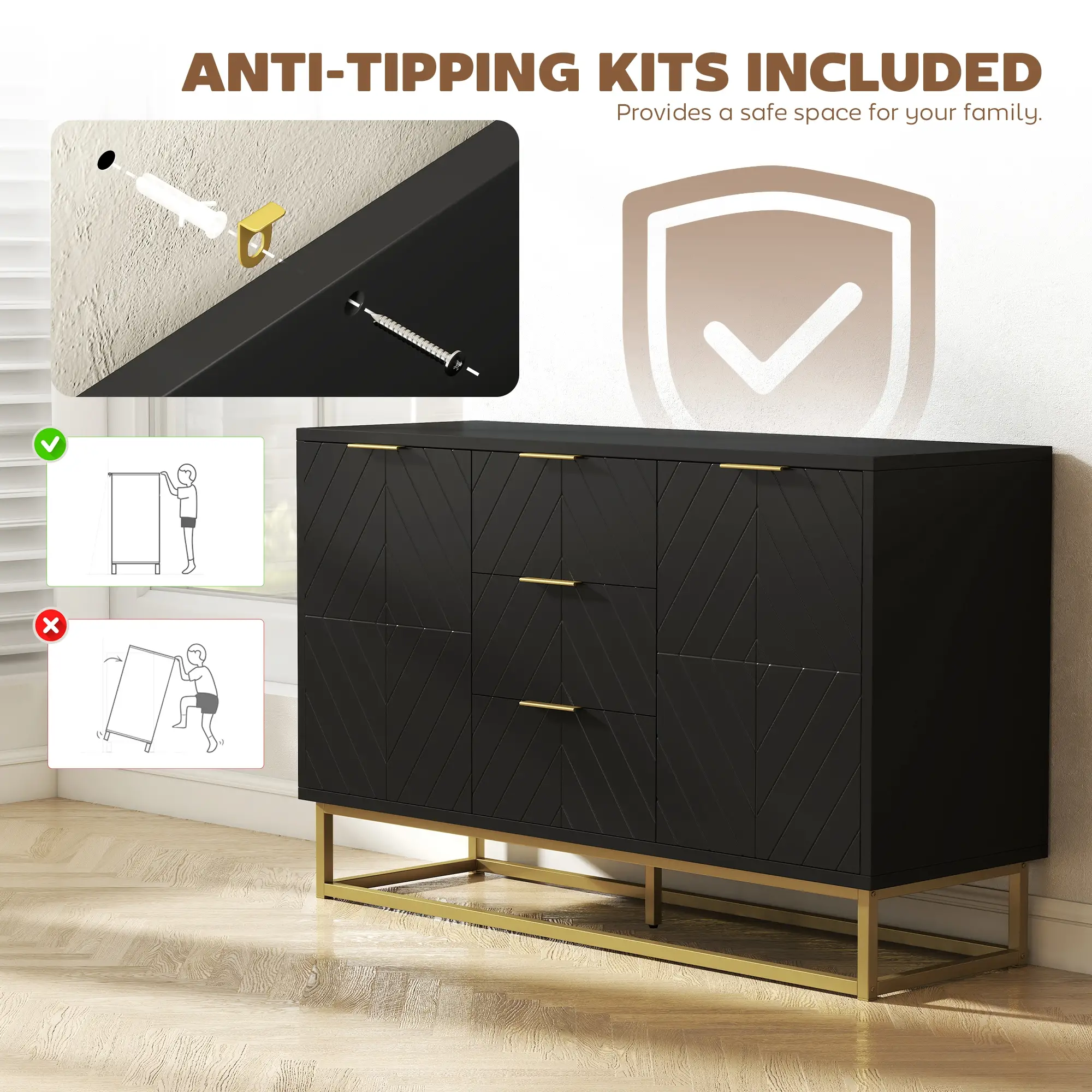 Sideboard Storage Cabinet, 3 Drawers, Adjustable Shelves, Black - Image 7