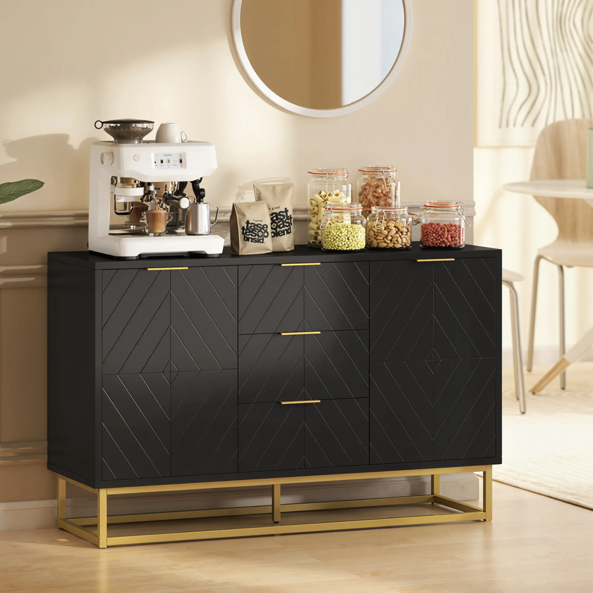 Sideboard Storage Cabinet, 3 Drawers, Adjustable Shelves, Black - Image 8