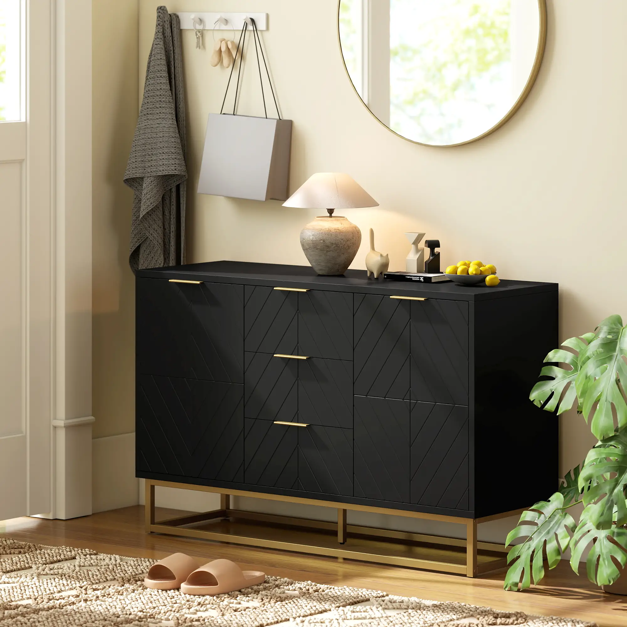 Sideboard Storage Cabinet, 3 Drawers, Adjustable Shelves, Black - Image 9