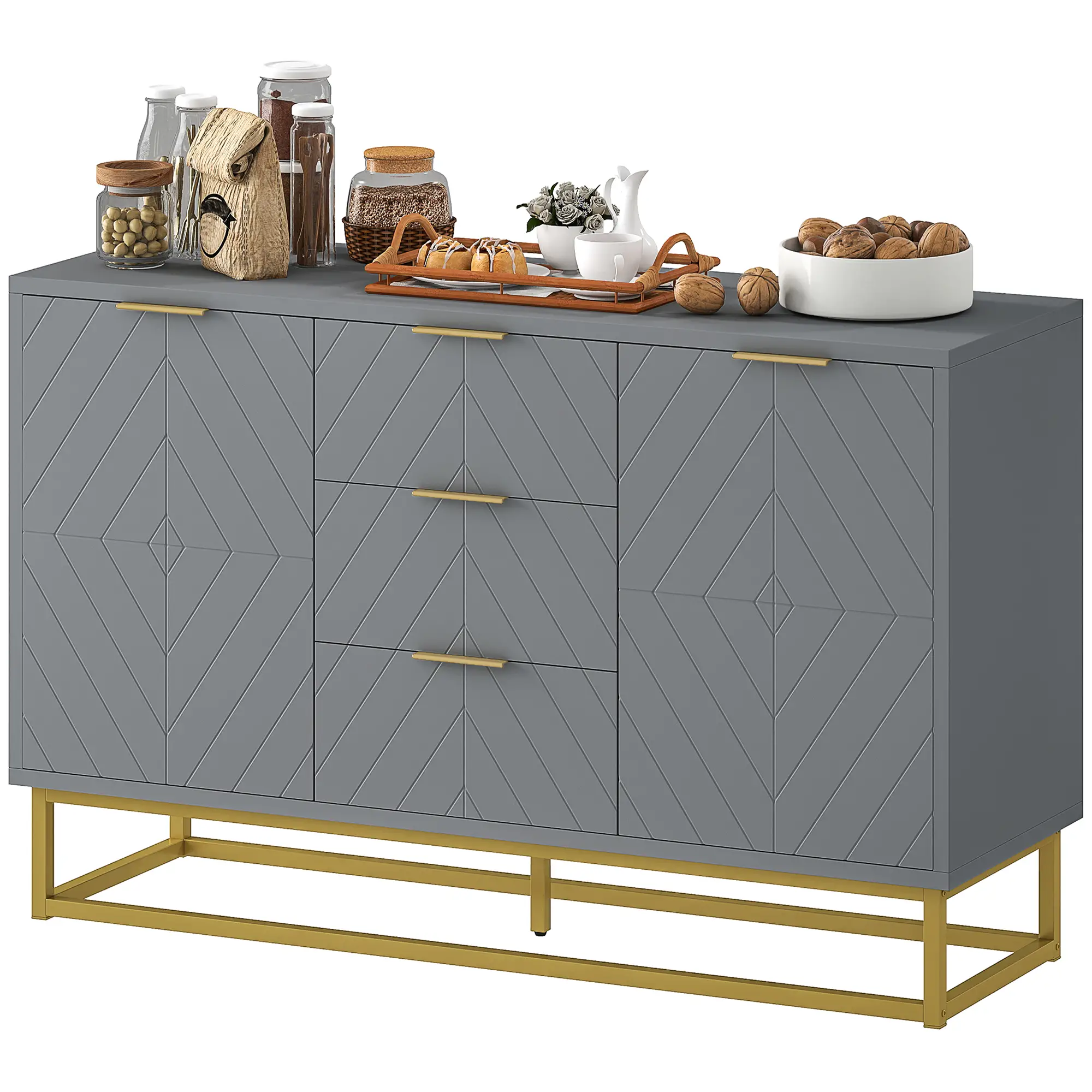 Sideboard Storage Cabinet, 3 Drawers, Adjustable Shelves, Grey
