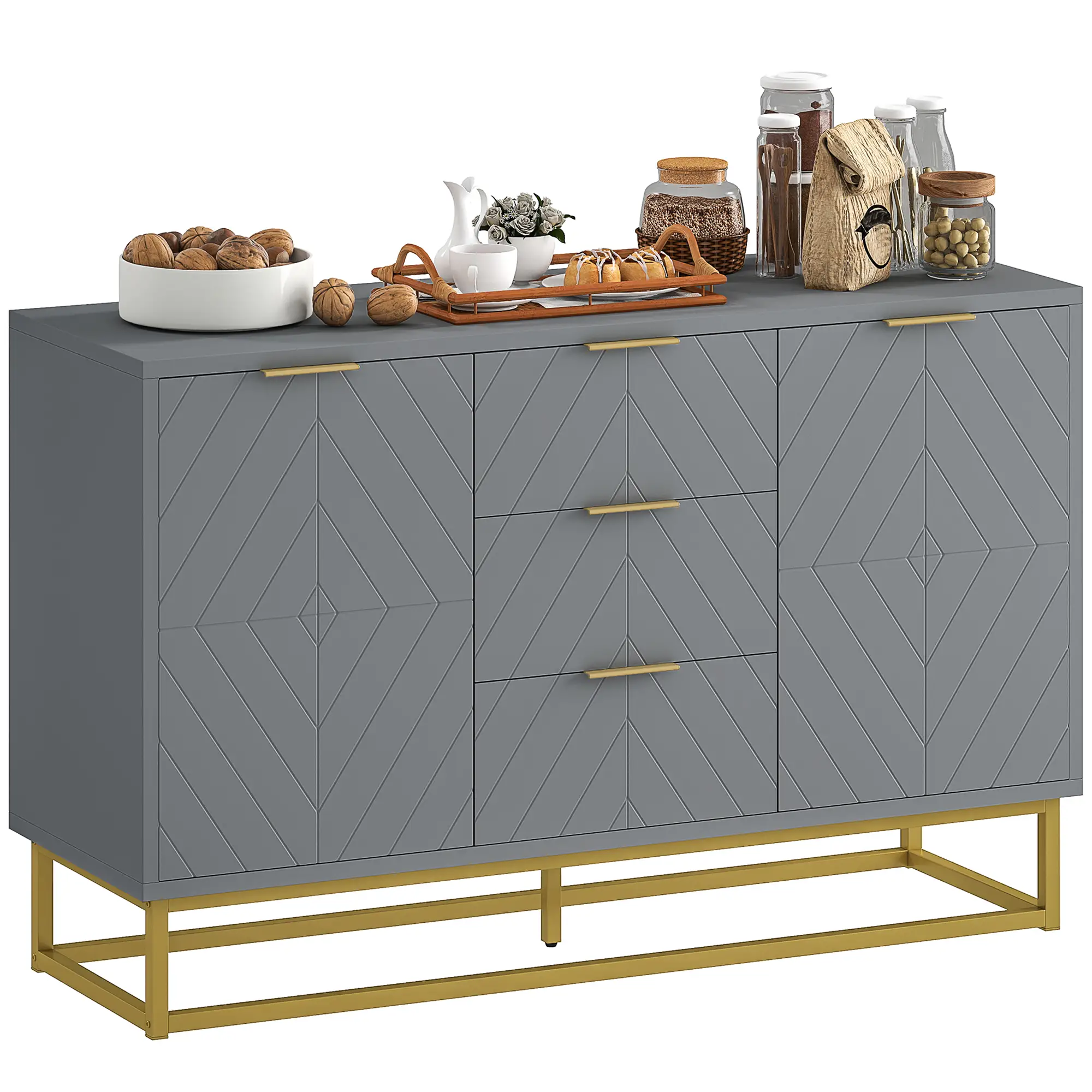 Sideboard Storage Cabinet, 3 Drawers, Adjustable Shelves, Grey - Image 11