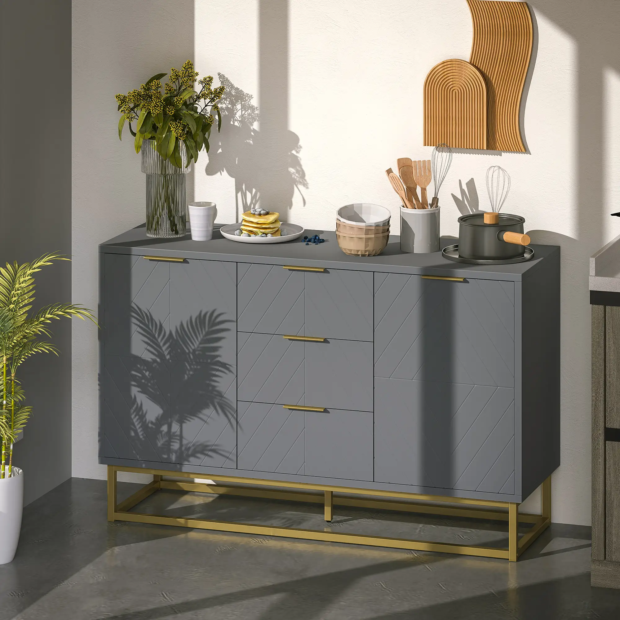Sideboard Storage Cabinet, 3 Drawers, Adjustable Shelves, Grey - Image 2