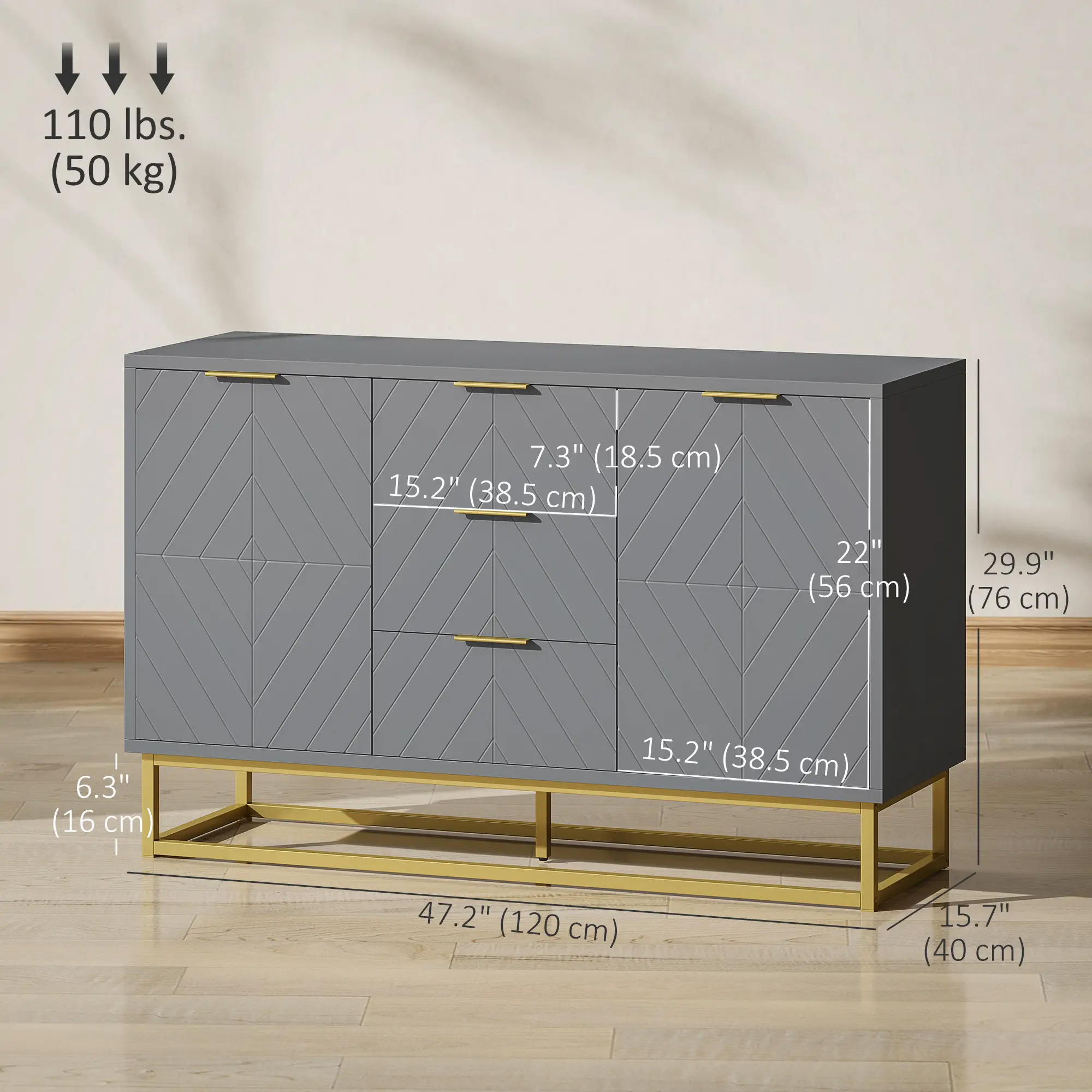 Sideboard Storage Cabinet, 3 Drawers, Adjustable Shelves, Grey - Image 3
