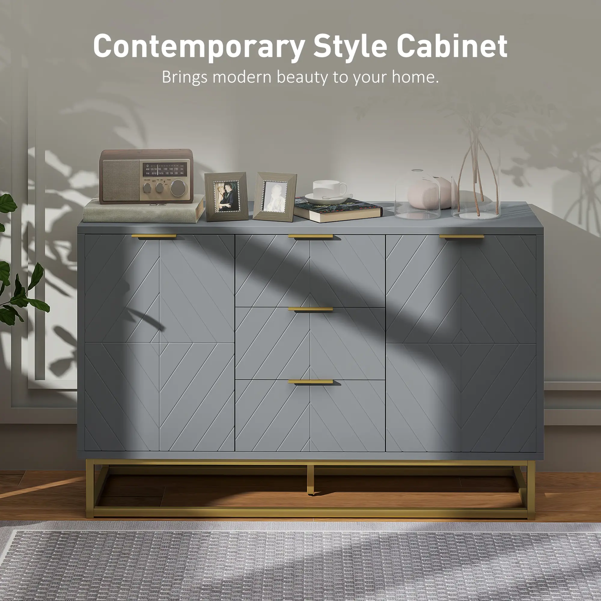 Sideboard Storage Cabinet, 3 Drawers, Adjustable Shelves, Grey - Image 4