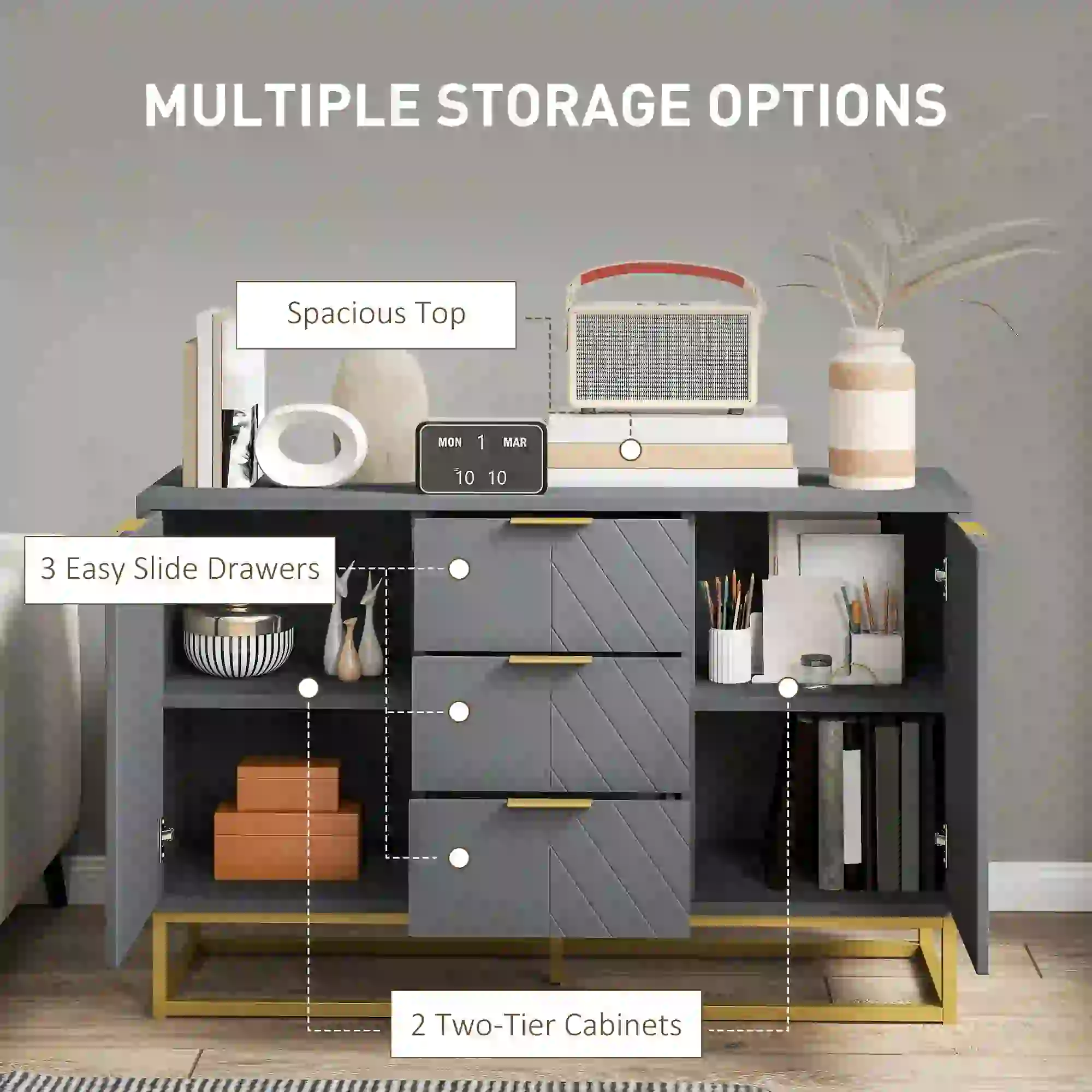 Sideboard Storage Cabinet, 3 Drawers, Adjustable Shelves, Grey - Image 5