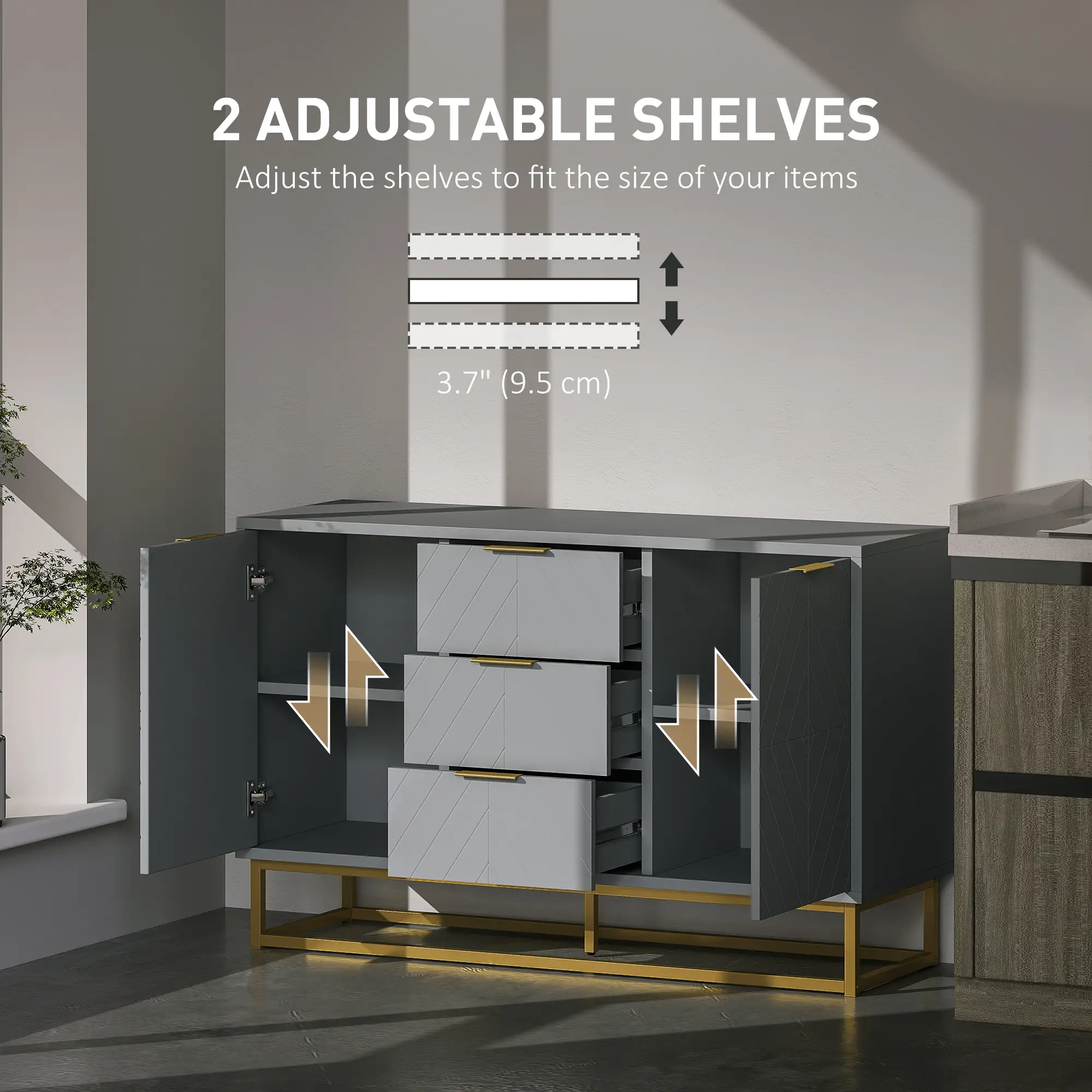 Sideboard Storage Cabinet, 3 Drawers, Adjustable Shelves, Grey - Image 6