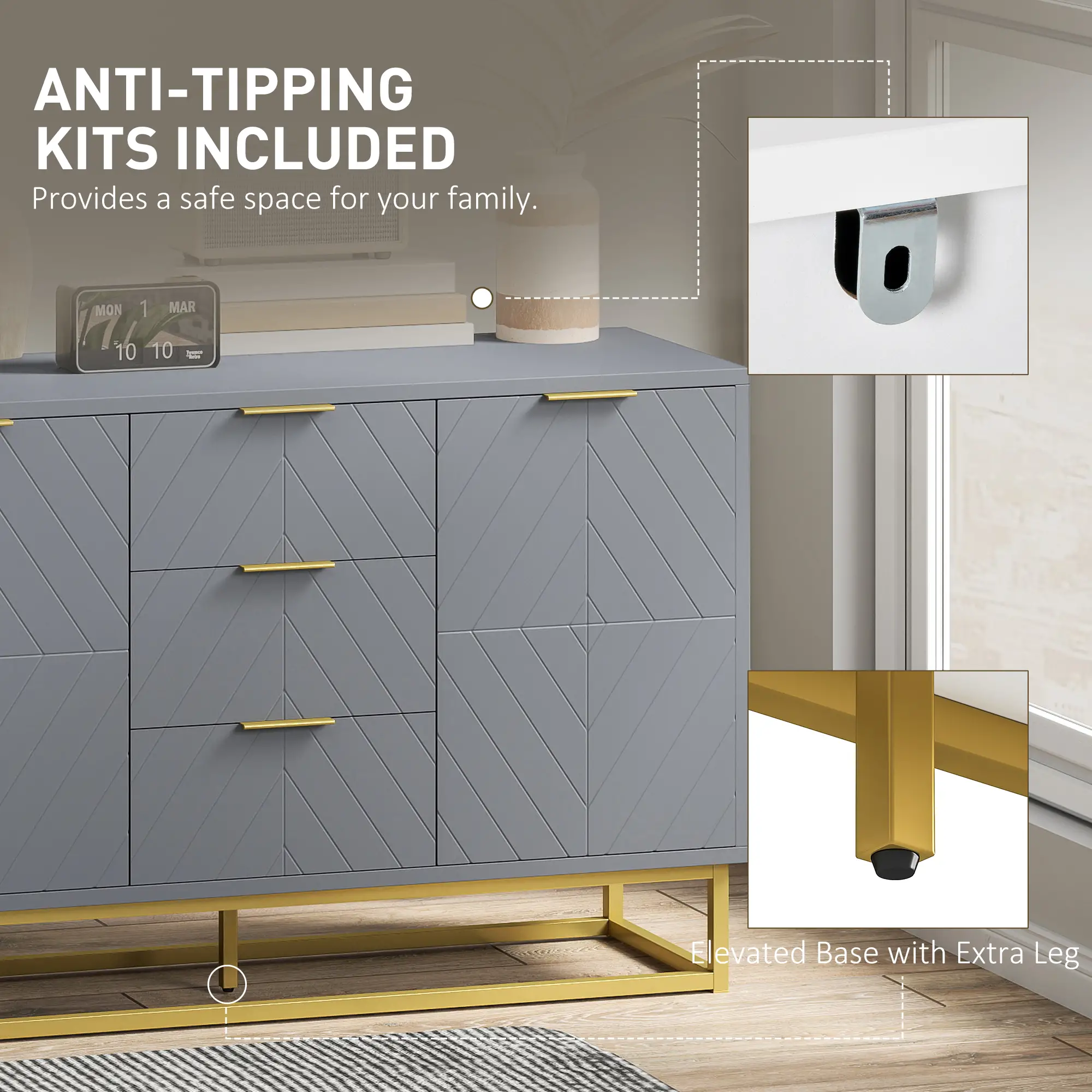 Sideboard Storage Cabinet, 3 Drawers, Adjustable Shelves, Grey - Image 7