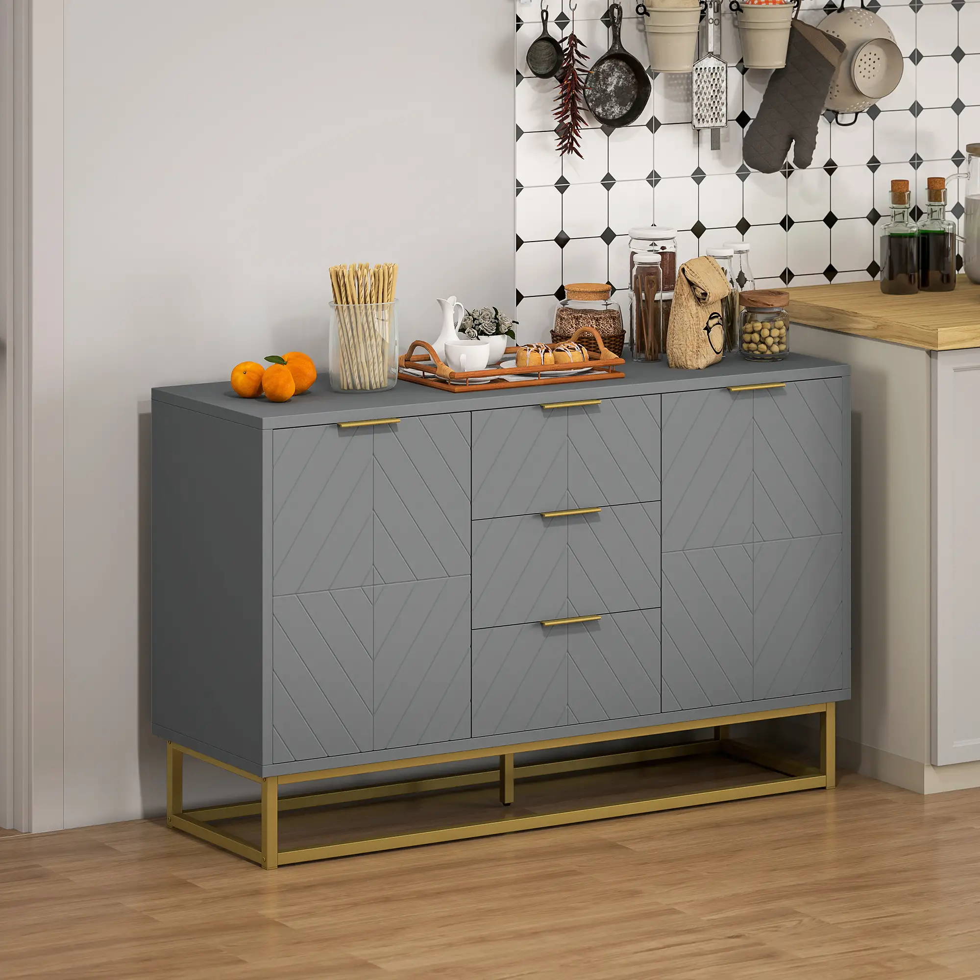 Sideboard Storage Cabinet, 3 Drawers, Adjustable Shelves, Grey - Image 8