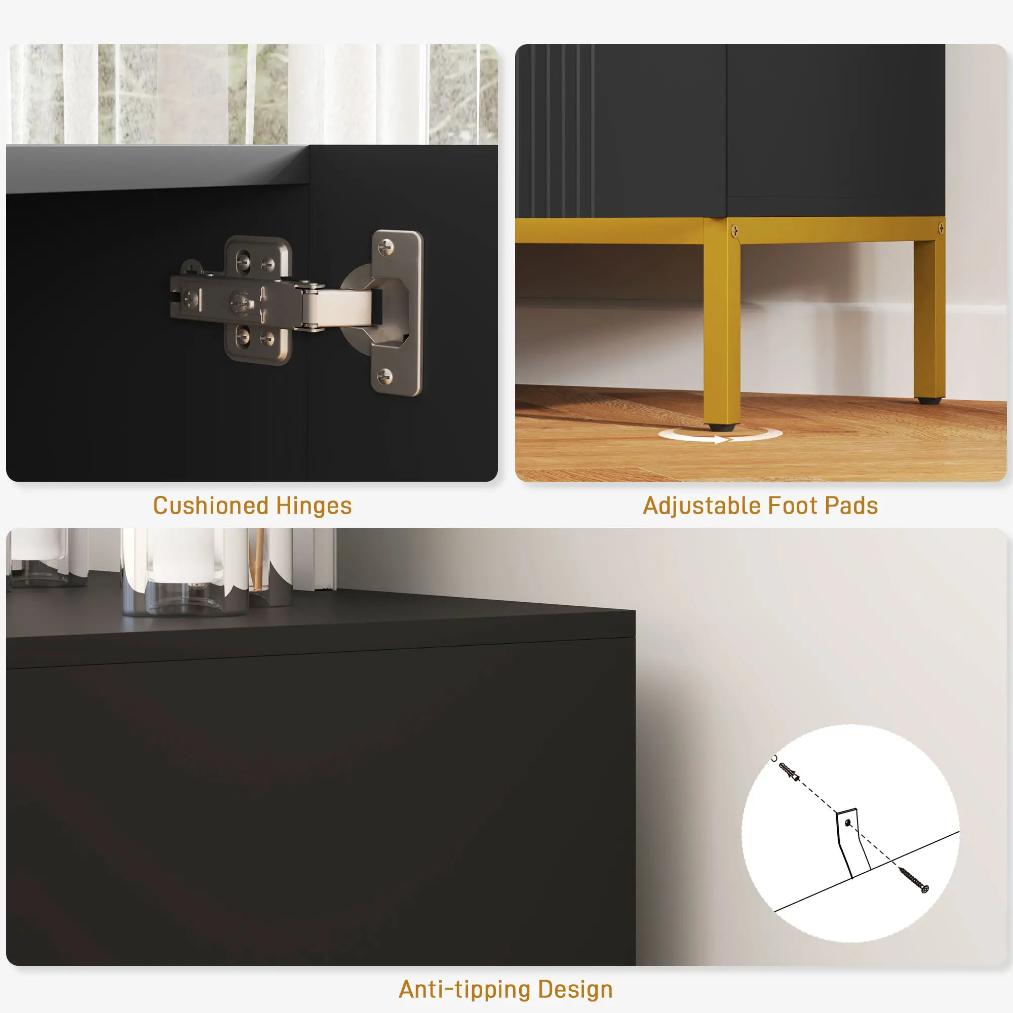 Sideboard Storage Cabinet, Adjustable Shelves, Soft Close Doors, Black - Image 7