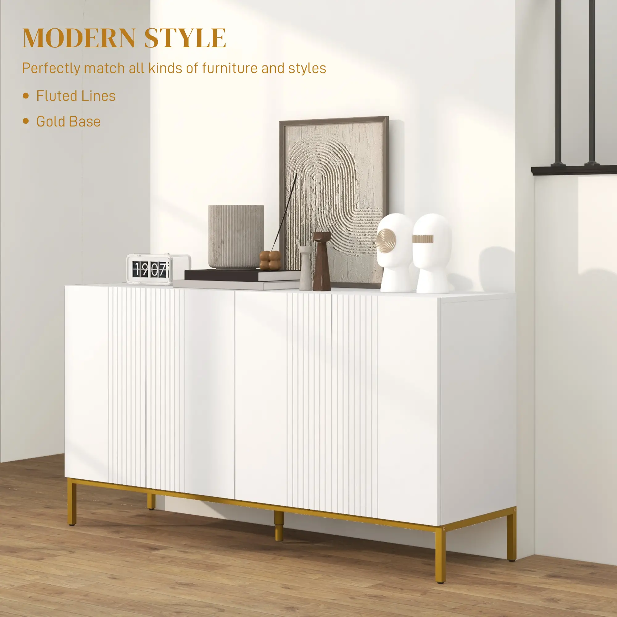 Sideboard Storage Cabinet, Adjustable Shelves, Soft-Close Doors, White - Image 4