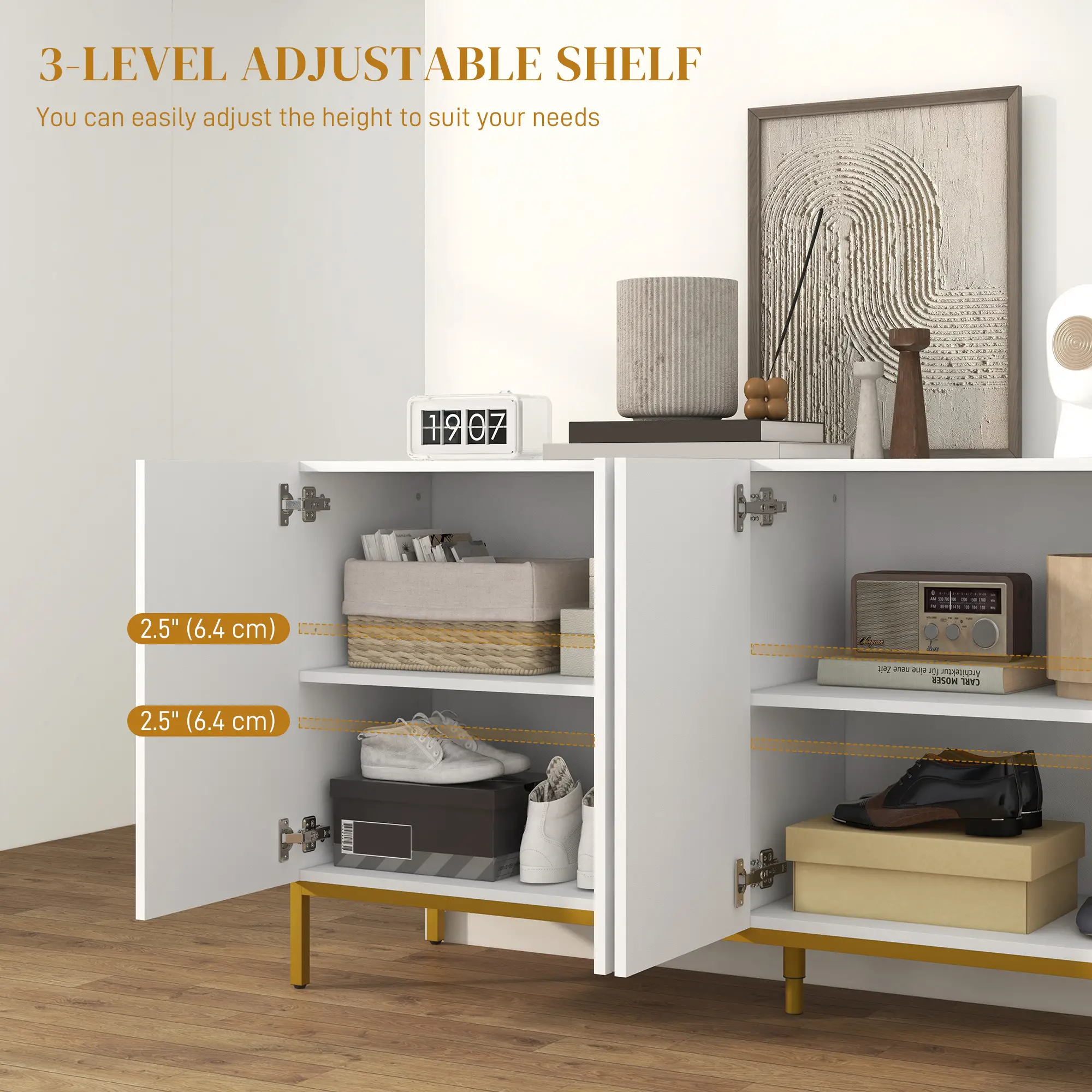 Sideboard Storage Cabinet, Adjustable Shelves, Soft-Close Doors, White - Image 6