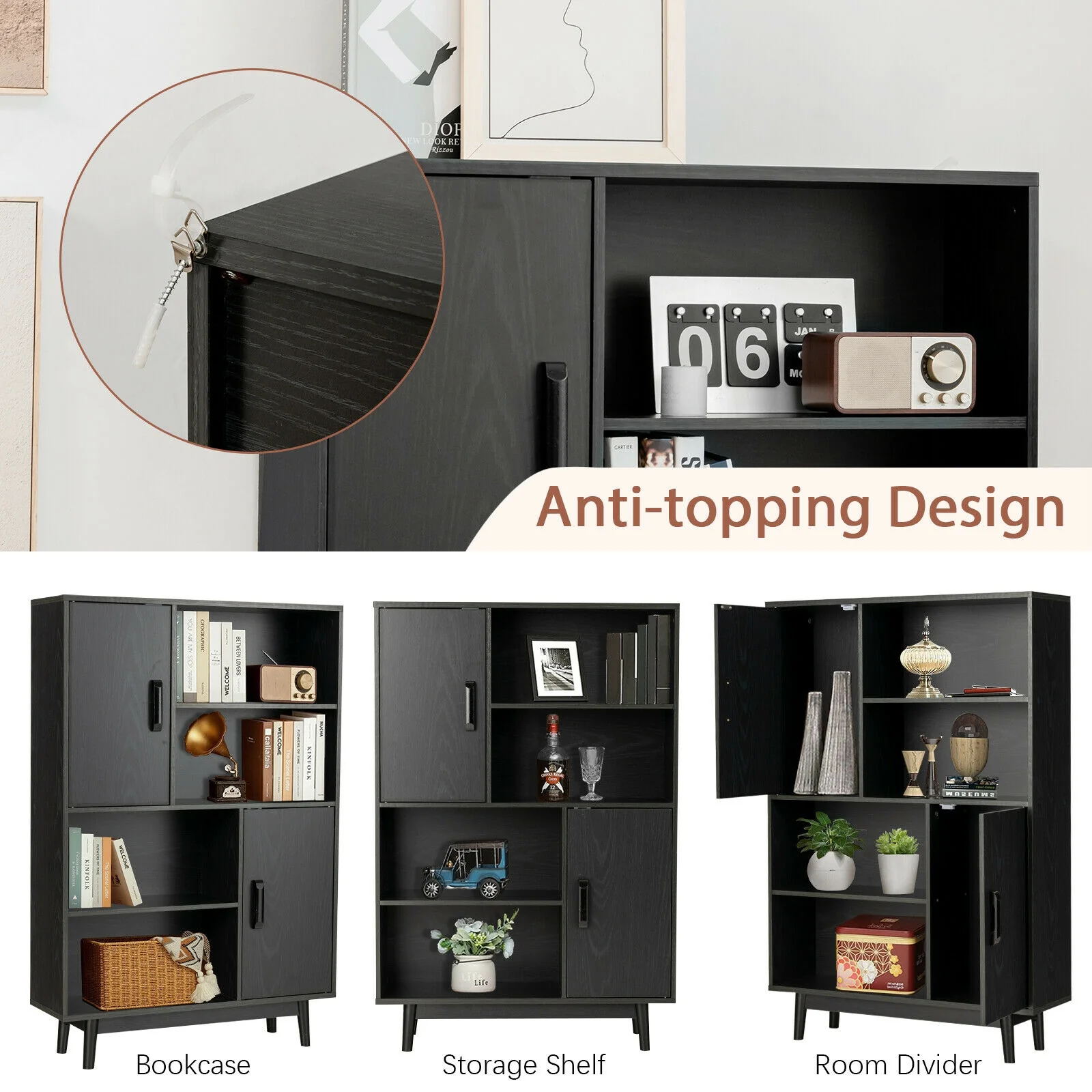 Sideboard Storage Cabinet With Door Shelf, Black - Image 10