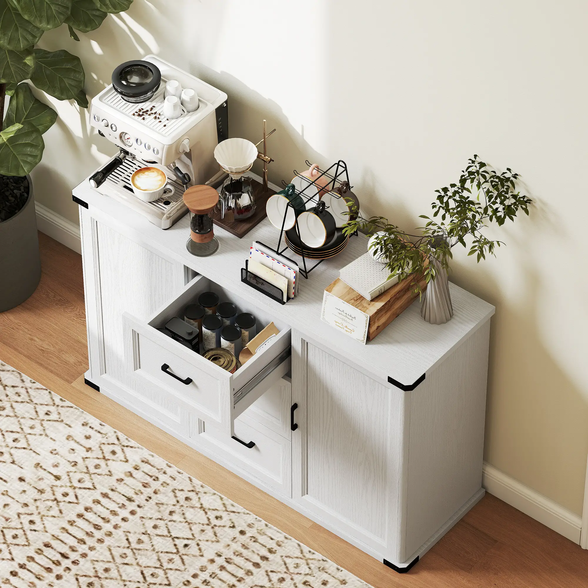 Sideboard With 3 Drawers, 2 Doors, 47" Buffet Cabinet, White Wood Grain, White - Image 10