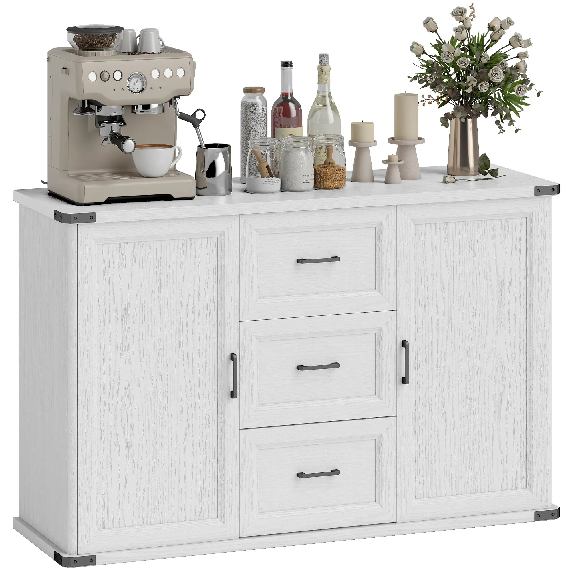 Sideboard With 3 Drawers, 2 Doors, 47" Buffet Cabinet, White Wood Grain, White - Image 11