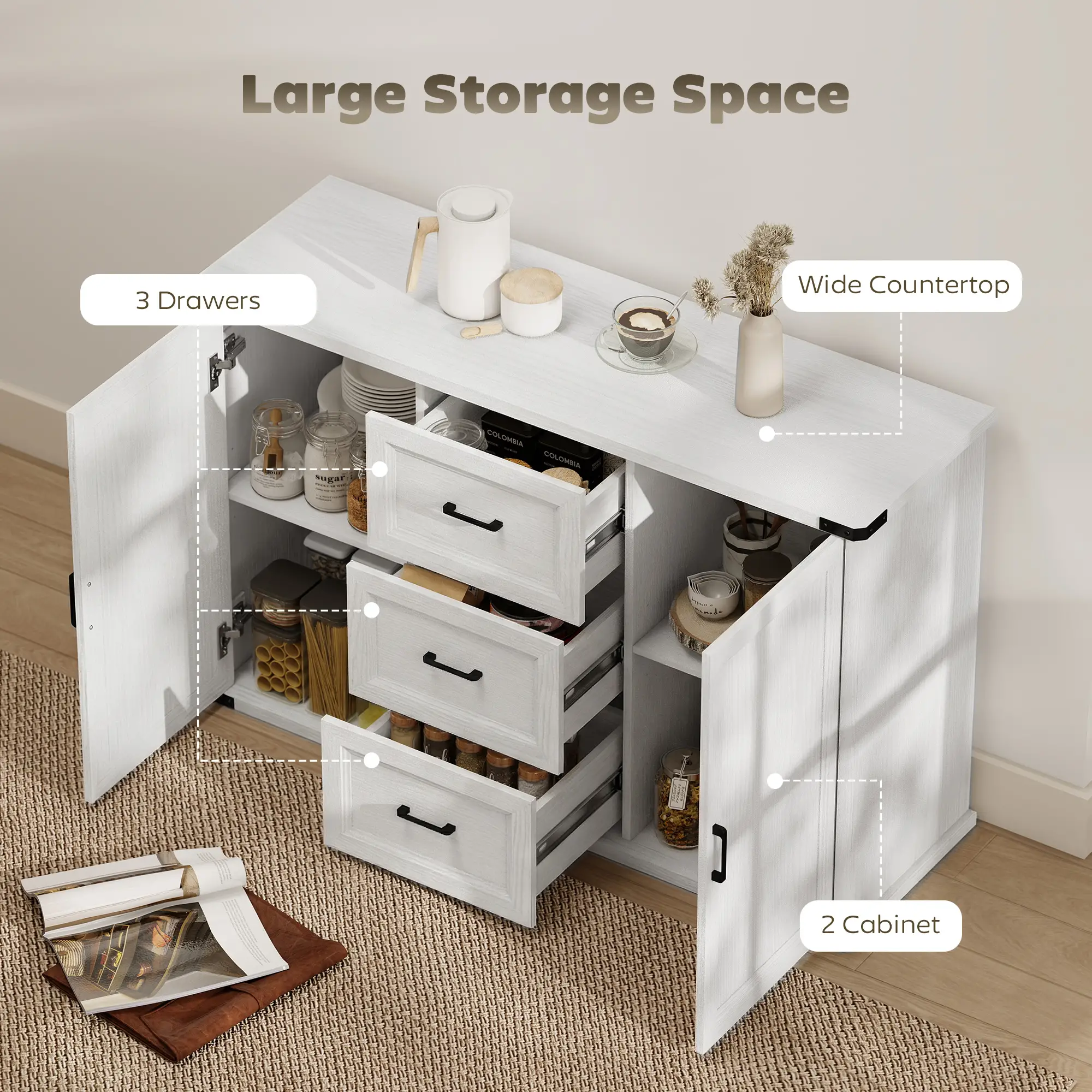 Sideboard With 3 Drawers, 2 Doors, 47" Buffet Cabinet, White Wood Grain, White - Image 4