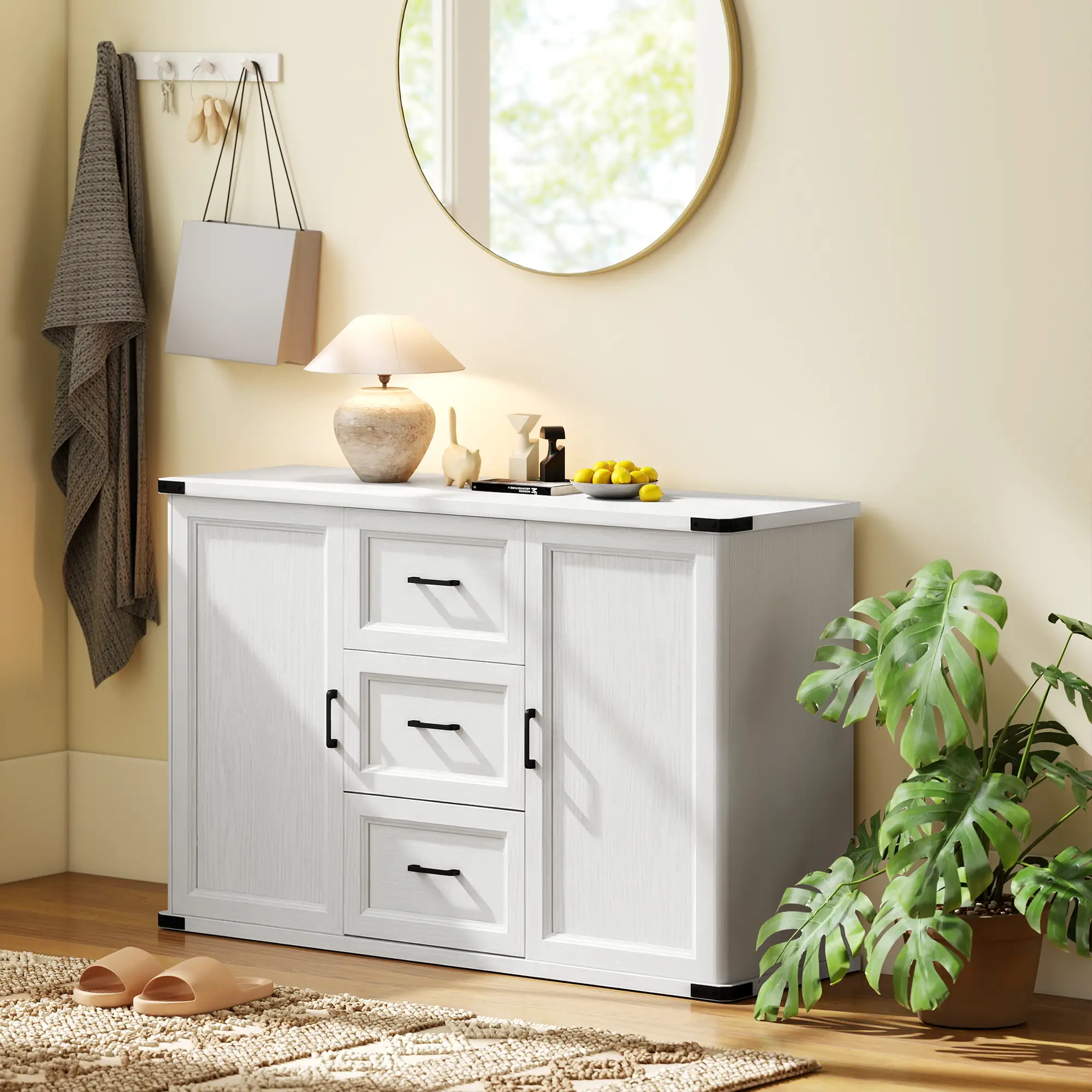 Sideboard With 3 Drawers, 2 Doors, 47" Buffet Cabinet, White Wood Grain, White - Image 9