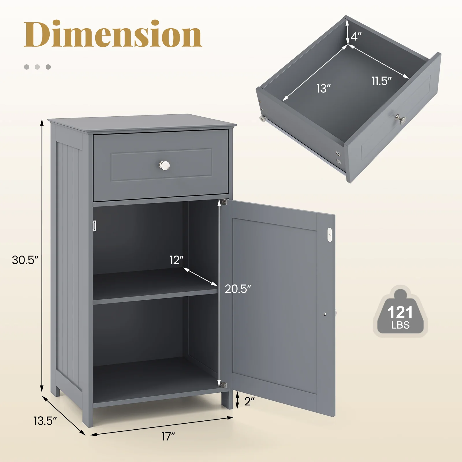 Single Door Bathroom Cabinet, Adjustable Shelf And Drawer, Gray - Image 6
