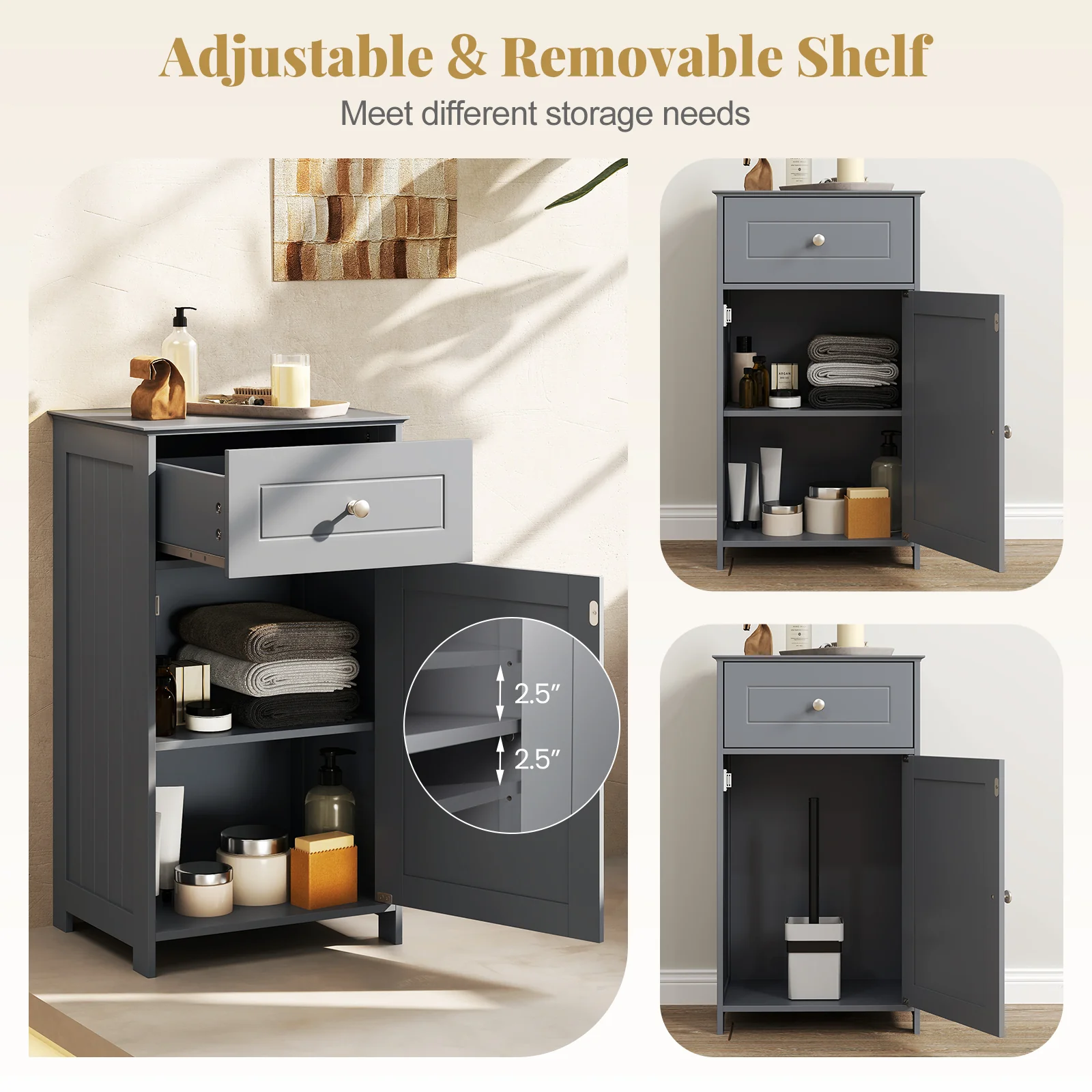 Single Door Bathroom Cabinet, Adjustable Shelf And Drawer, Gray - Image 9