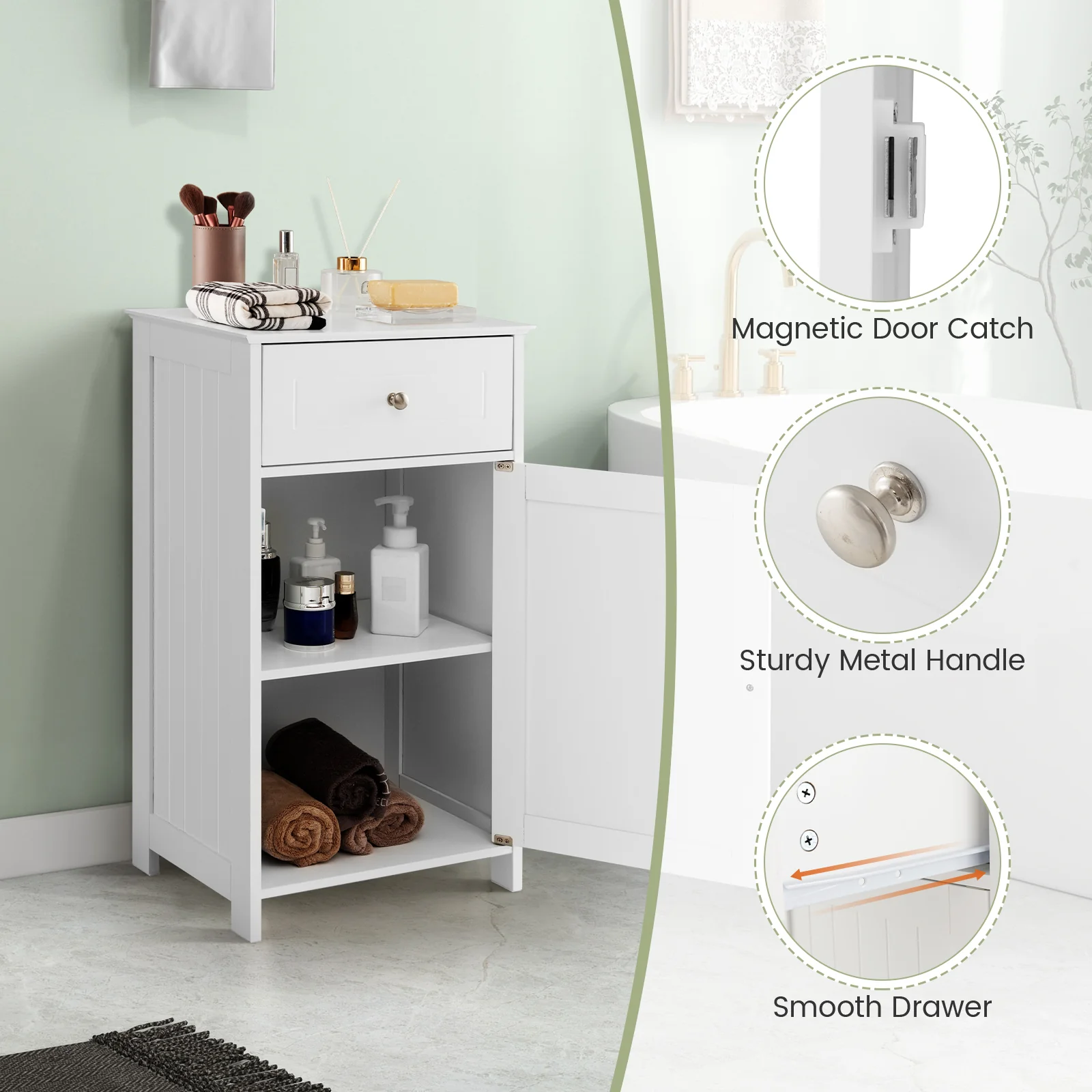 Single Door Bathroom Cabinet with Adjustable Shelf and Drawer, White - Image 10