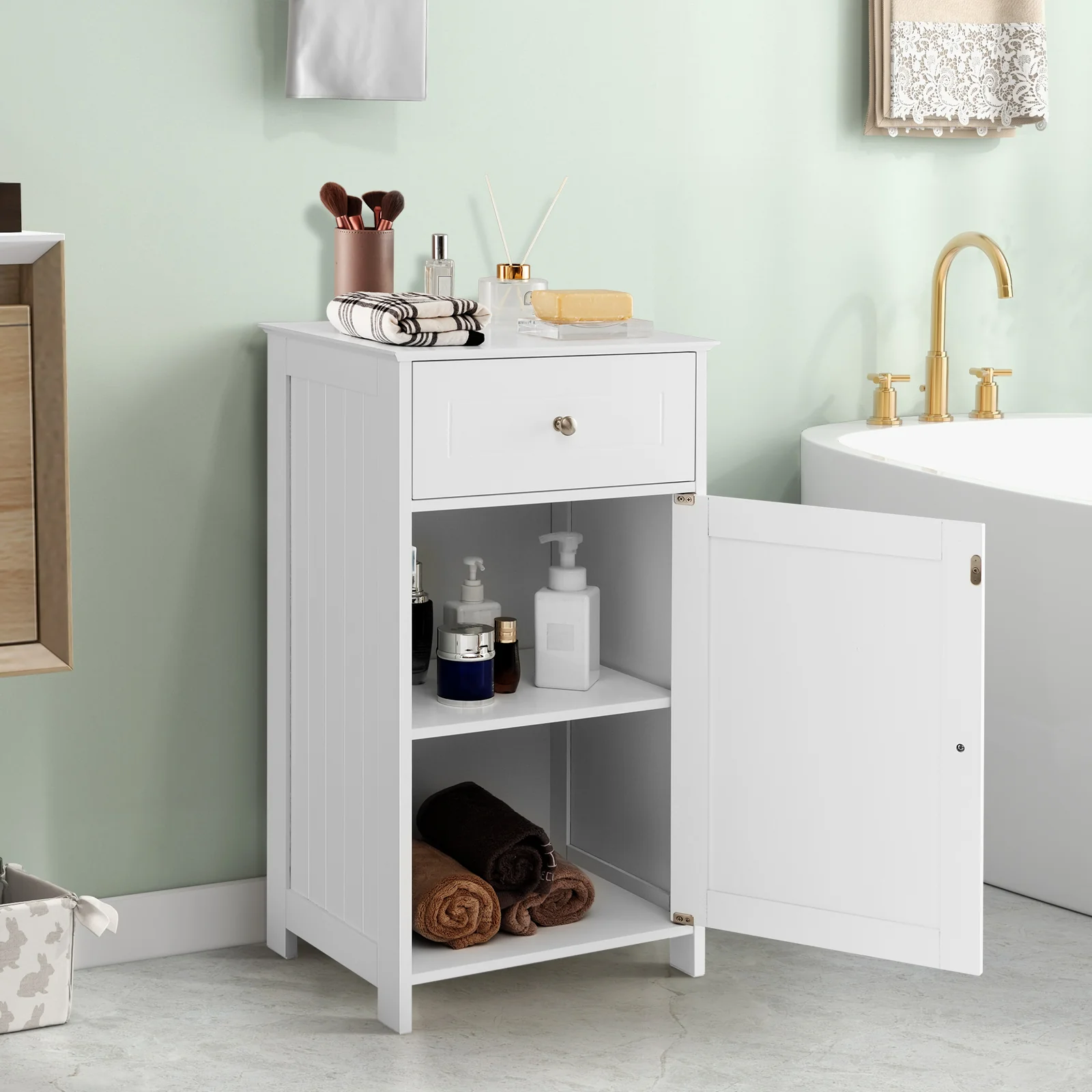 Single Door Bathroom Cabinet with Adjustable Shelf and Drawer, White - Image 2