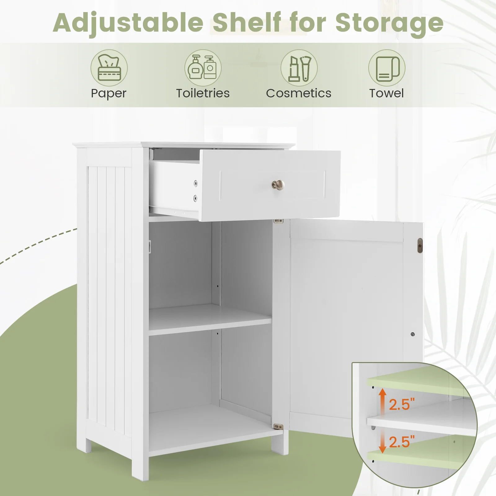 Single Door Bathroom Cabinet with Adjustable Shelf and Drawer, White - Image 7