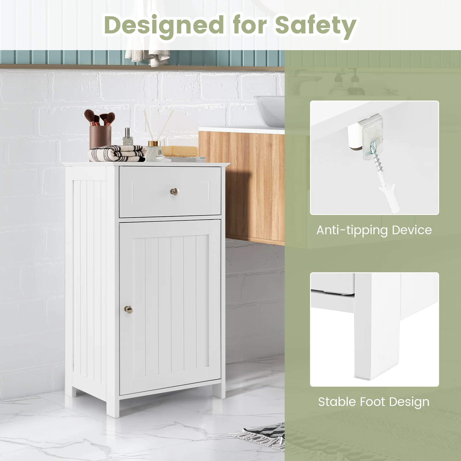 Single Door Bathroom Cabinet with Adjustable Shelf and Drawer, White - Image 9