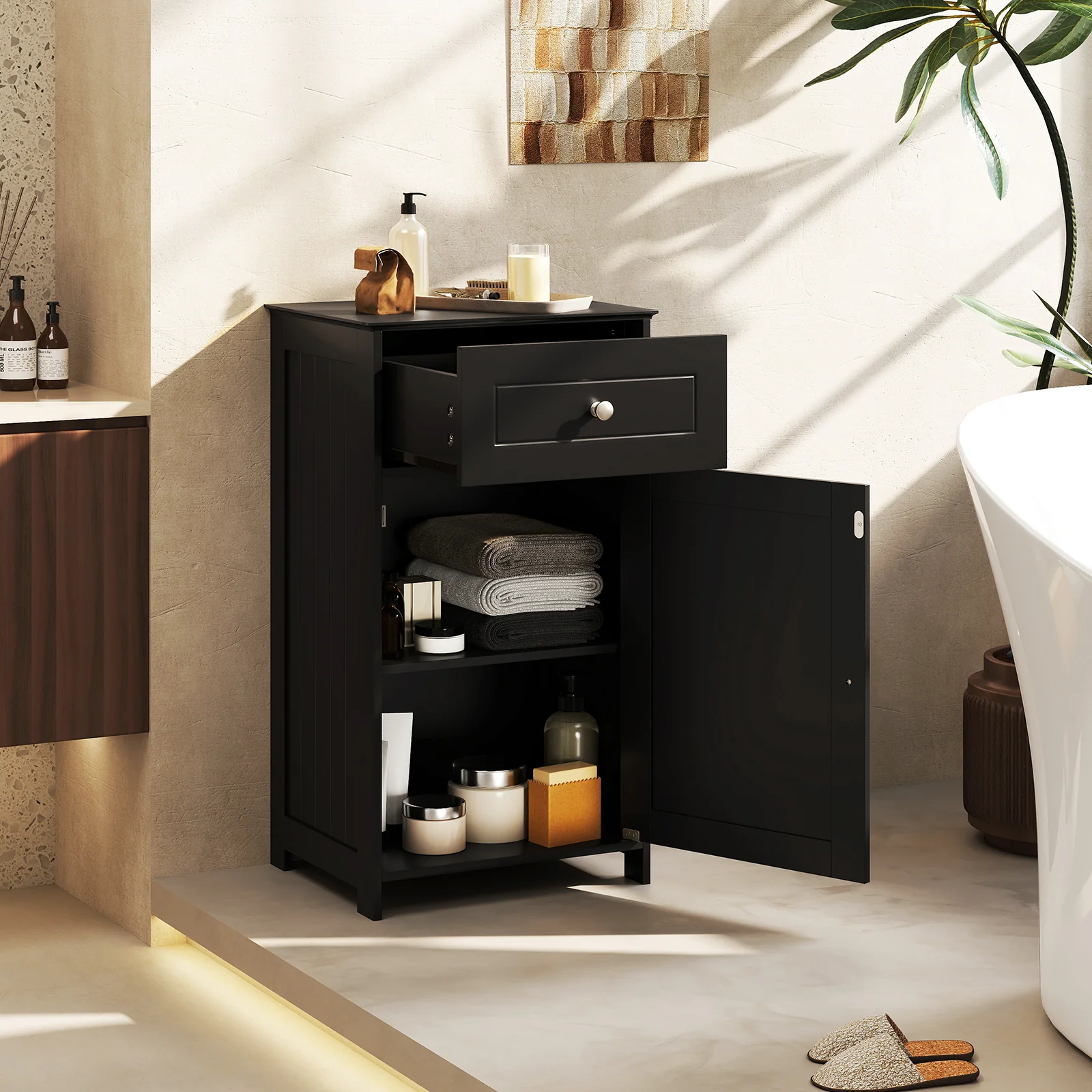 Single Door Bathroom Cabinet, Adjustable Shelf, Drawer, Black - Image 3