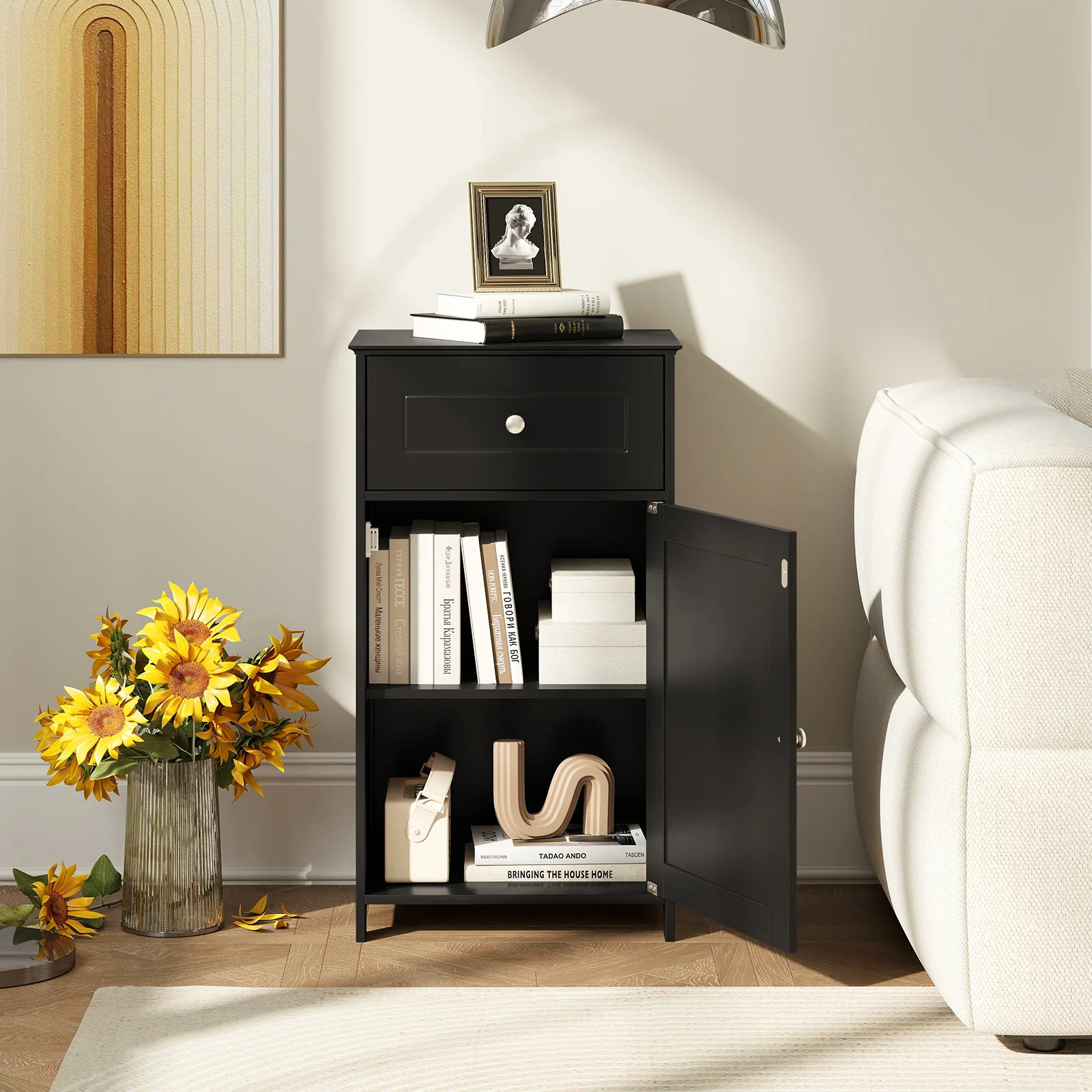 Single Door Bathroom Cabinet, Adjustable Shelf, Drawer, Black - Image 7
