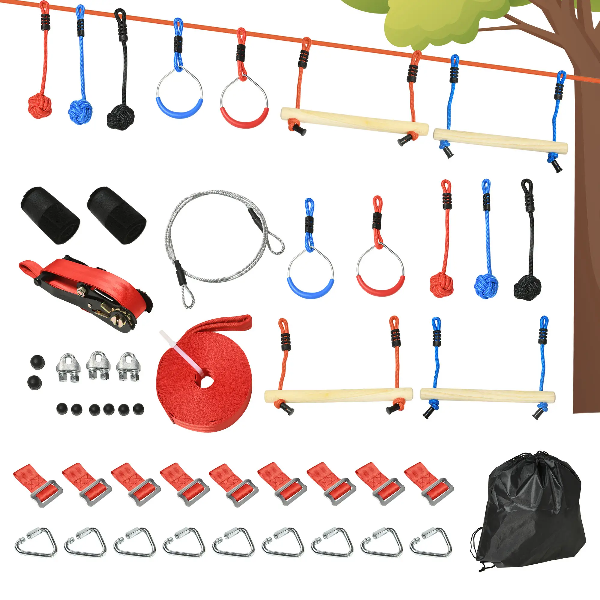 Slackline Set, 30-Piece, 10m Rope With Obstacles, Climbing Frame