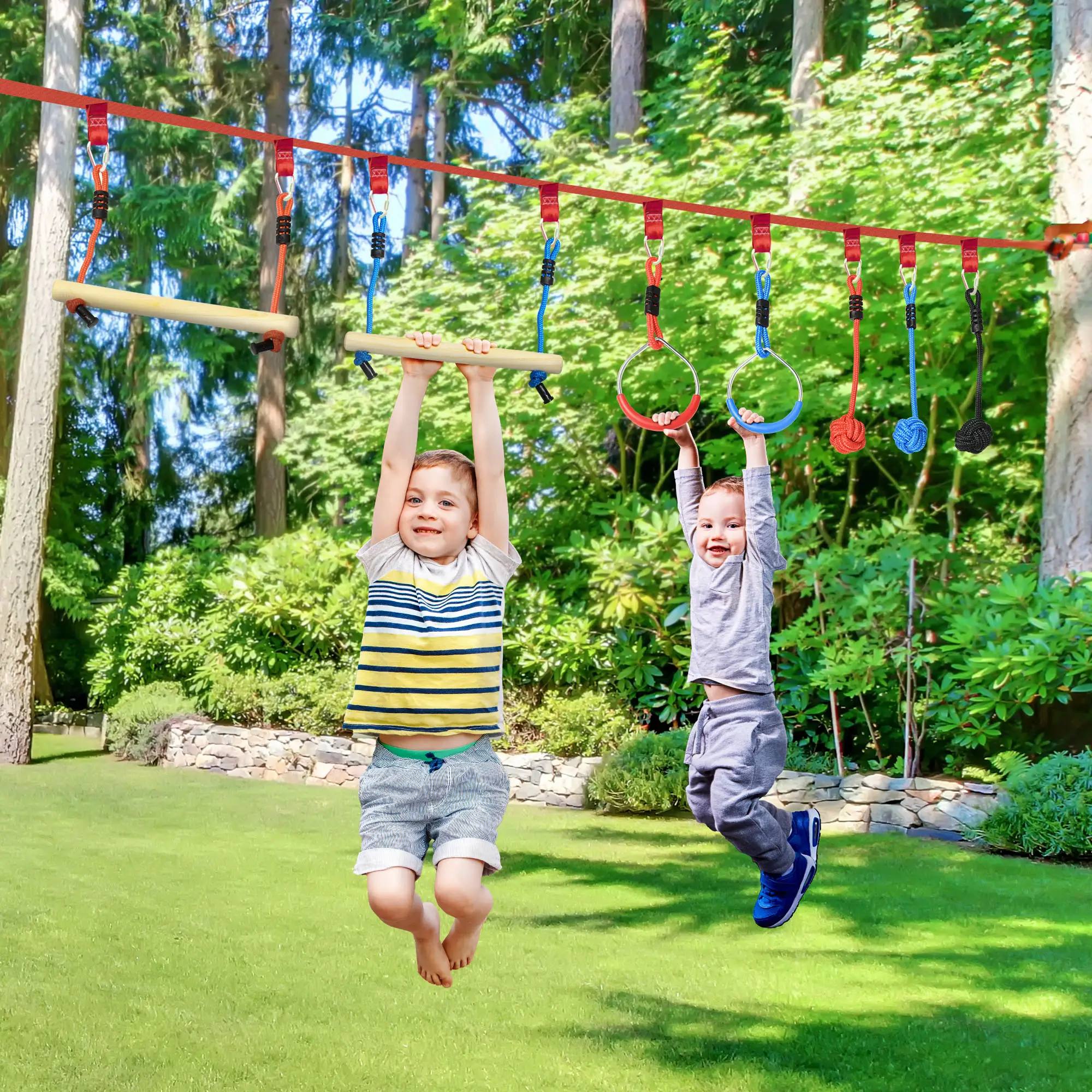 Slackline Set, 30-Piece, 10m Rope With Obstacles, Climbing Frame - Image 2