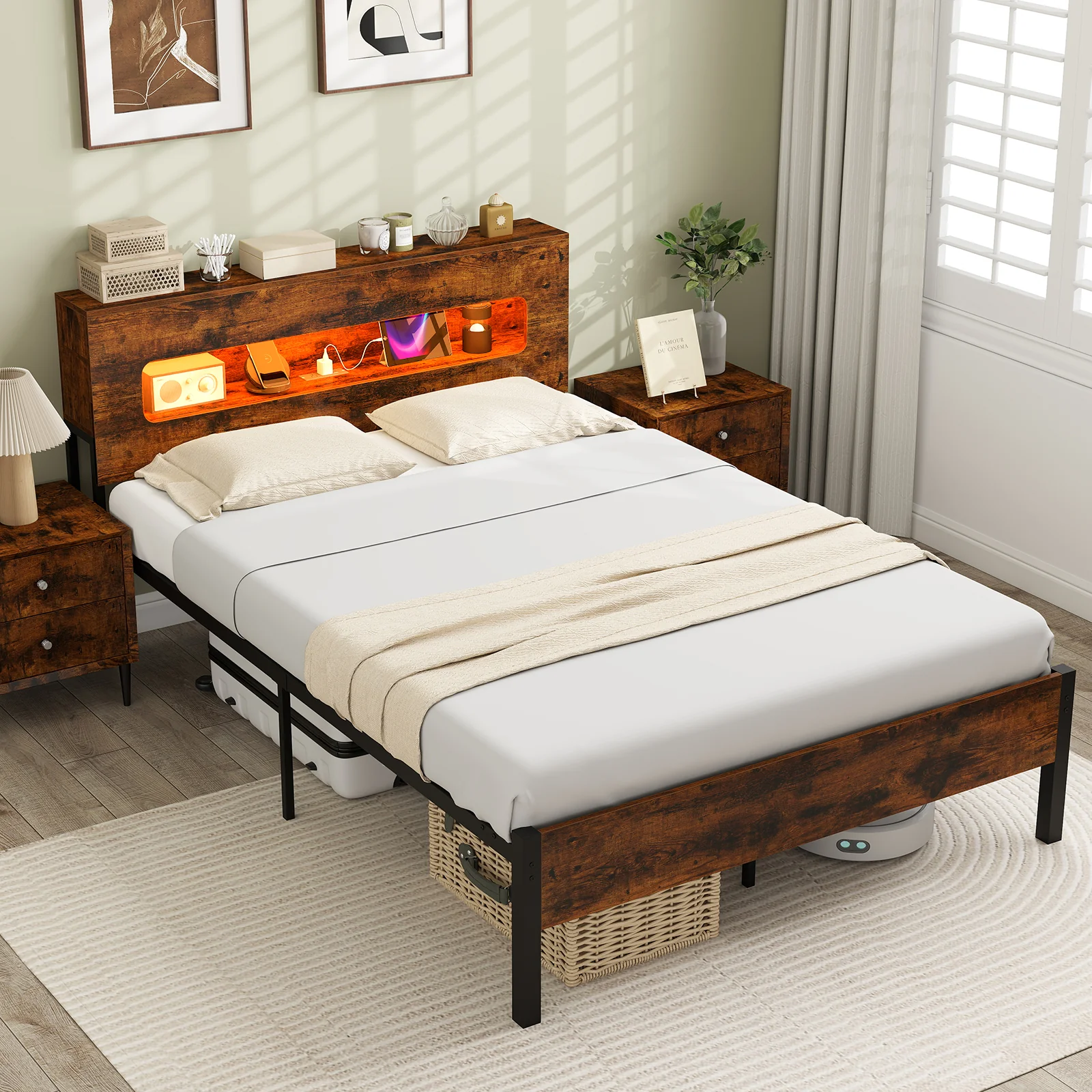 Slatted Full Bed Frame with LED Lights and Storage Headboard No Box Spring Needed-Full Size - Image 2