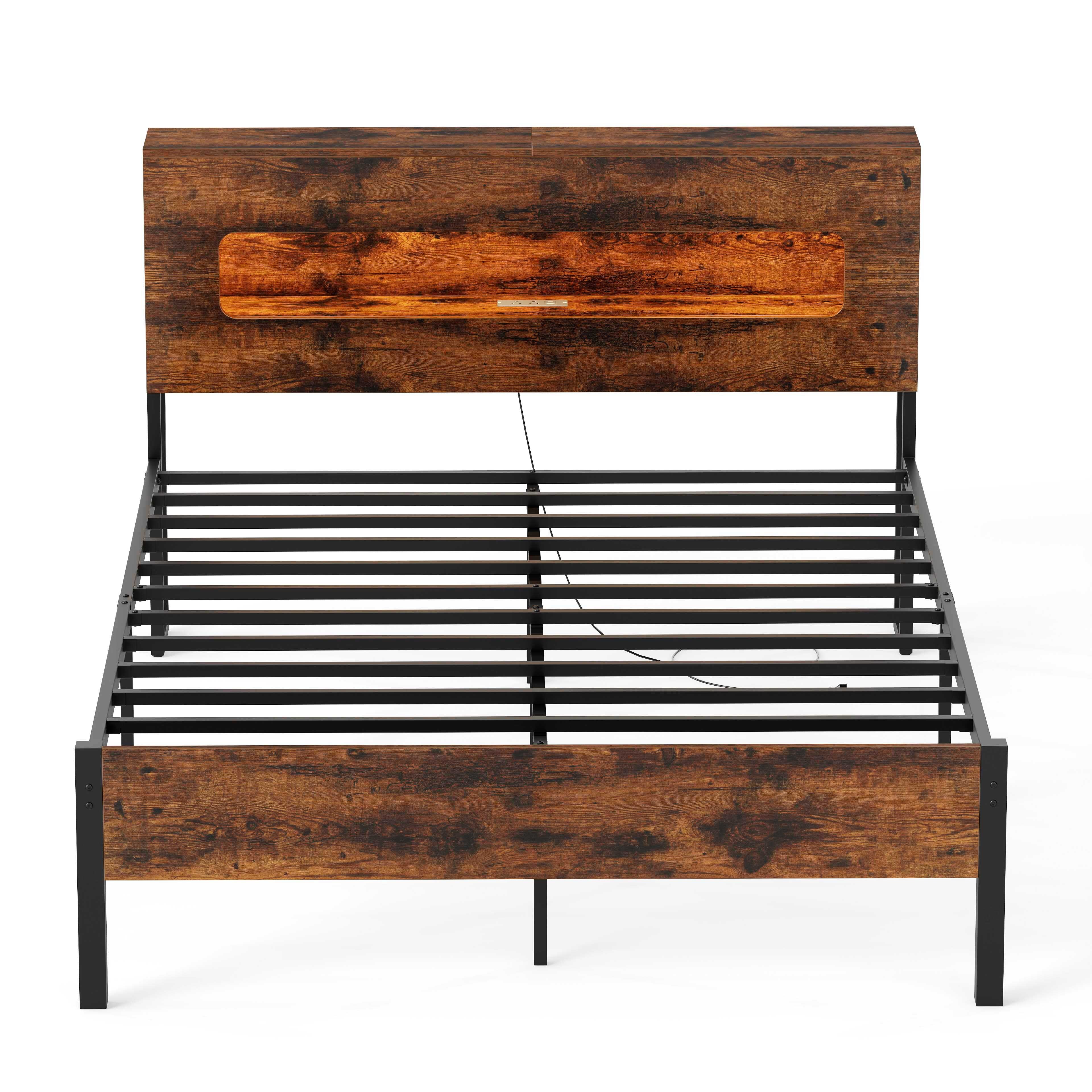 Slatted Full Bed Frame with LED Lights and Storage Headboard No Box Spring Needed-Full Size - Image 3