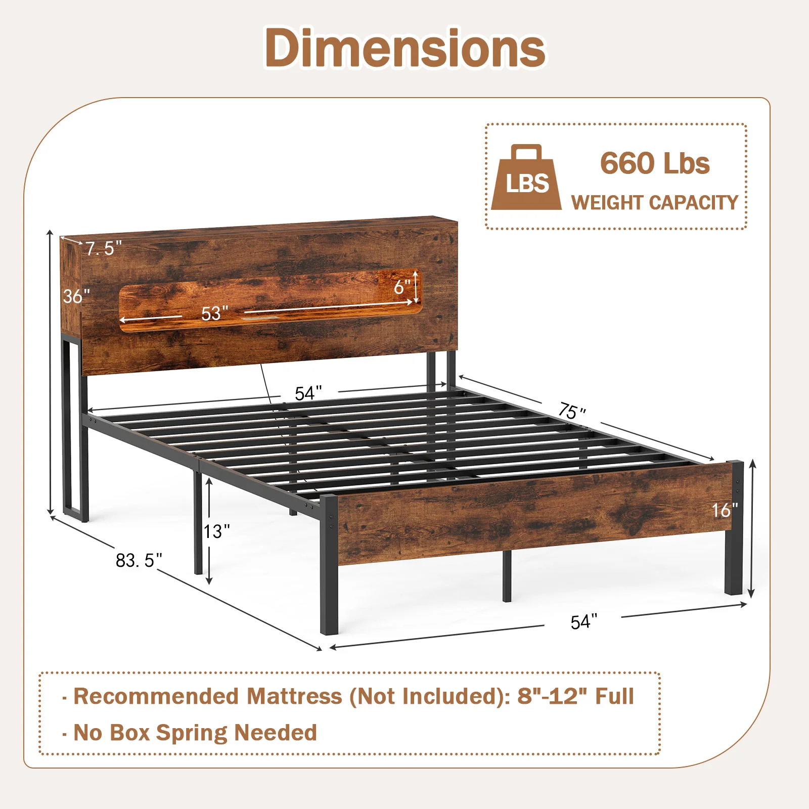 Slatted Full Bed Frame with LED Lights and Storage Headboard No Box Spring Needed-Full Size - Image 4