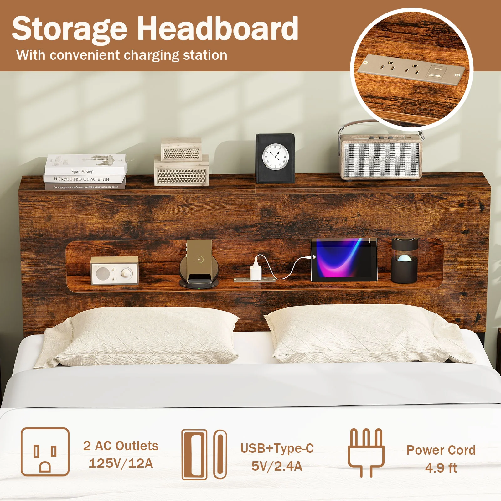 Slatted Full Bed Frame with LED Lights and Storage Headboard No Box Spring Needed-Full Size - Image 5