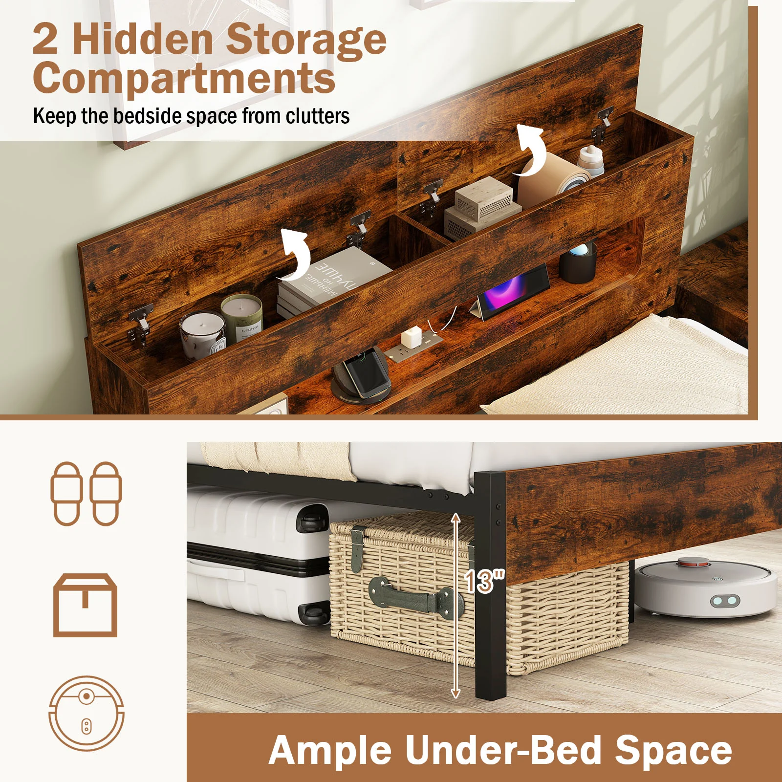 Slatted Full Bed Frame with LED Lights and Storage Headboard No Box Spring Needed-Full Size - Image 6