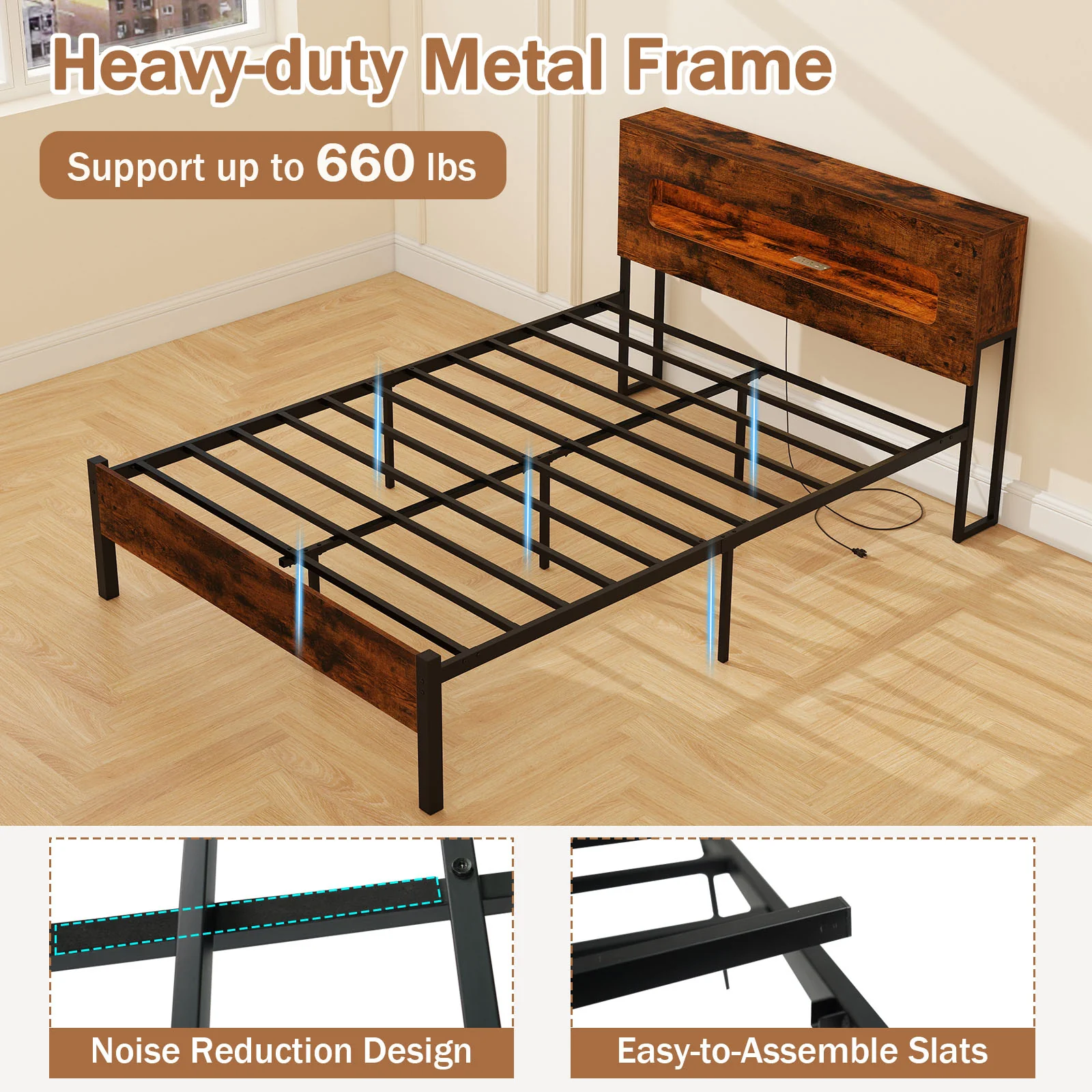Slatted Full Bed Frame with LED Lights and Storage Headboard No Box Spring Needed-Full Size - Image 7