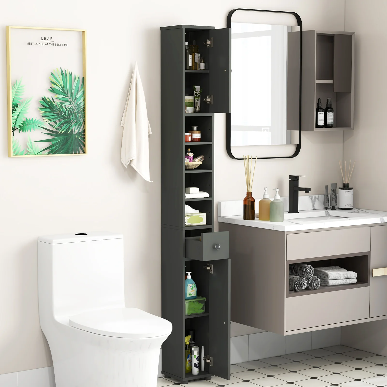 Slim Bathroom Cabinet With Drawer, Adjustable Shelves, Gray - Image 2